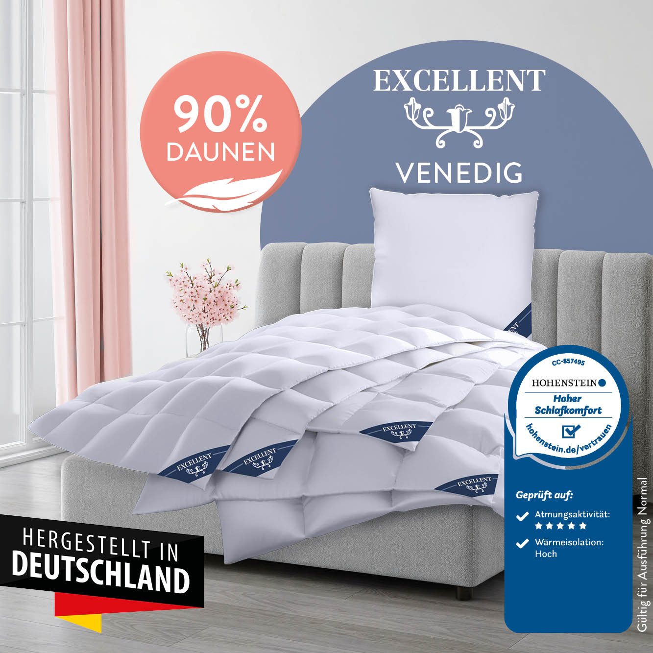 Excellent Daunenbettdecke VENEDIG, Bettdecken für Sommer und Winter, Decke, Füllung: 90% Daunen, 10% Federn, Bezug: 100% Baumwolle, Bettdecke 135x200 cm, 155x220cm und weitere Größen, Made in Germany