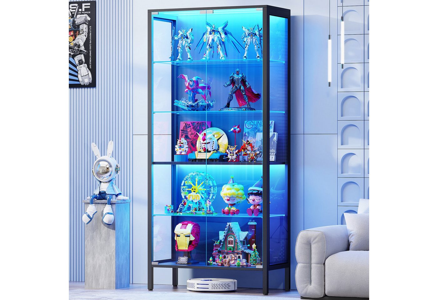 BROTTAR Glasvitrine Metall Glasvitrine mit 5 Ebenen, LED-Beleuchtung (1-St) mit Glasböden und Bewegungssensor, Weiß/Schwarz