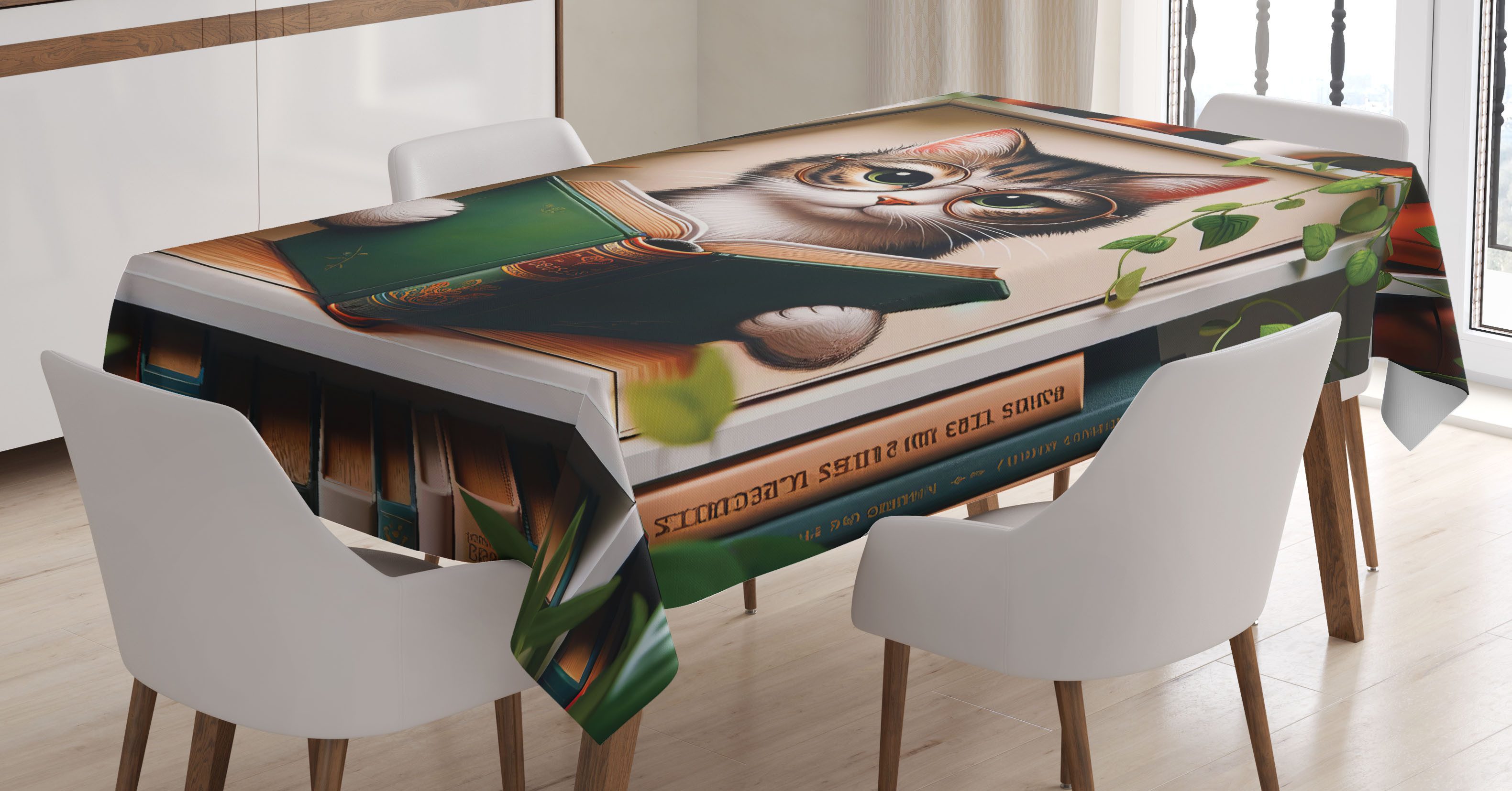 Abakuhaus Tischdecke Farbfest Waschbar Für den Außen Bereich geeignet Klare Farben, Katze Botanisches Gemütliches Konzept Bücherwurm