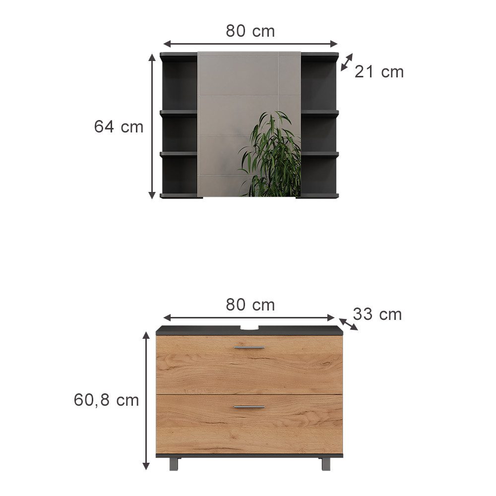 Vicco Badmöbel-Set Ilias, Goldkraft Eiche/Anthrazit/Anthrazit, 2 günstig online kaufen