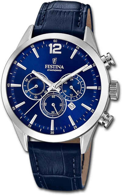 Festina Chronograph Festina Leder Herren Uhr, Herrenuhr mit Lederarmband, rundes Gehäuse, groß (ca. 44mm), Fashion-S
