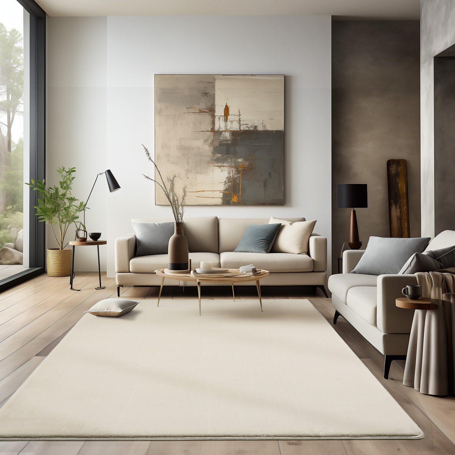 Teppich Unicolor - Einfarbig, HomebyHome, Flauschiger Teppich Wohnzimmer Einfarbig Soft Felloptik Anti-Rutsch Creme
