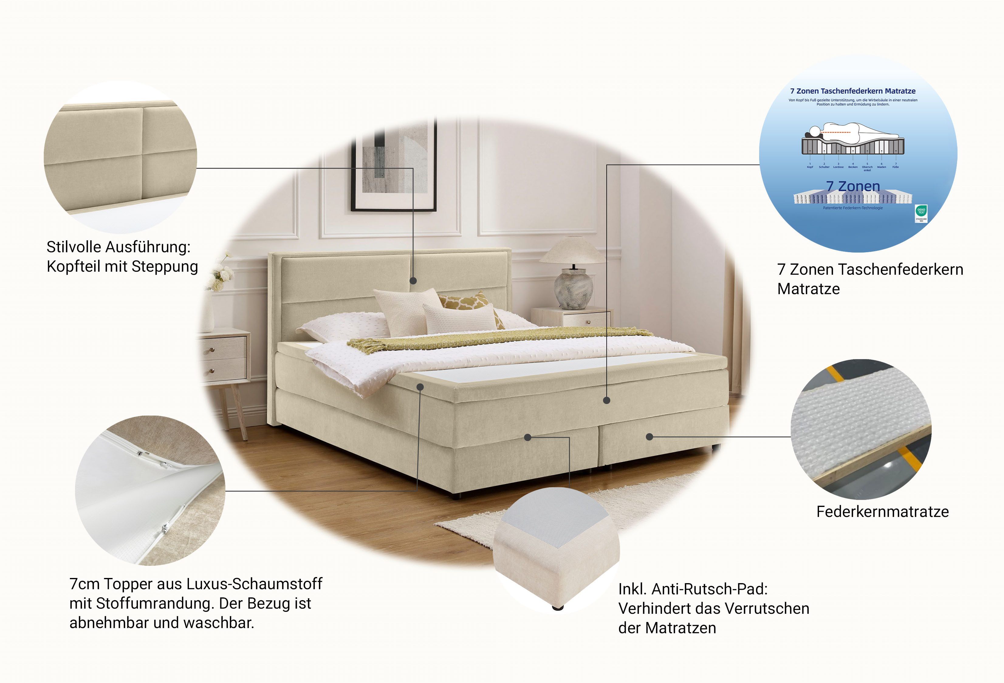 OTTO home Boxspringbett VIVIANNE in den Breiten 140 & 180cm erhältlich, inkl. 7cm Luxus-Topper, erhältlich in den Farben anthrazit und beige