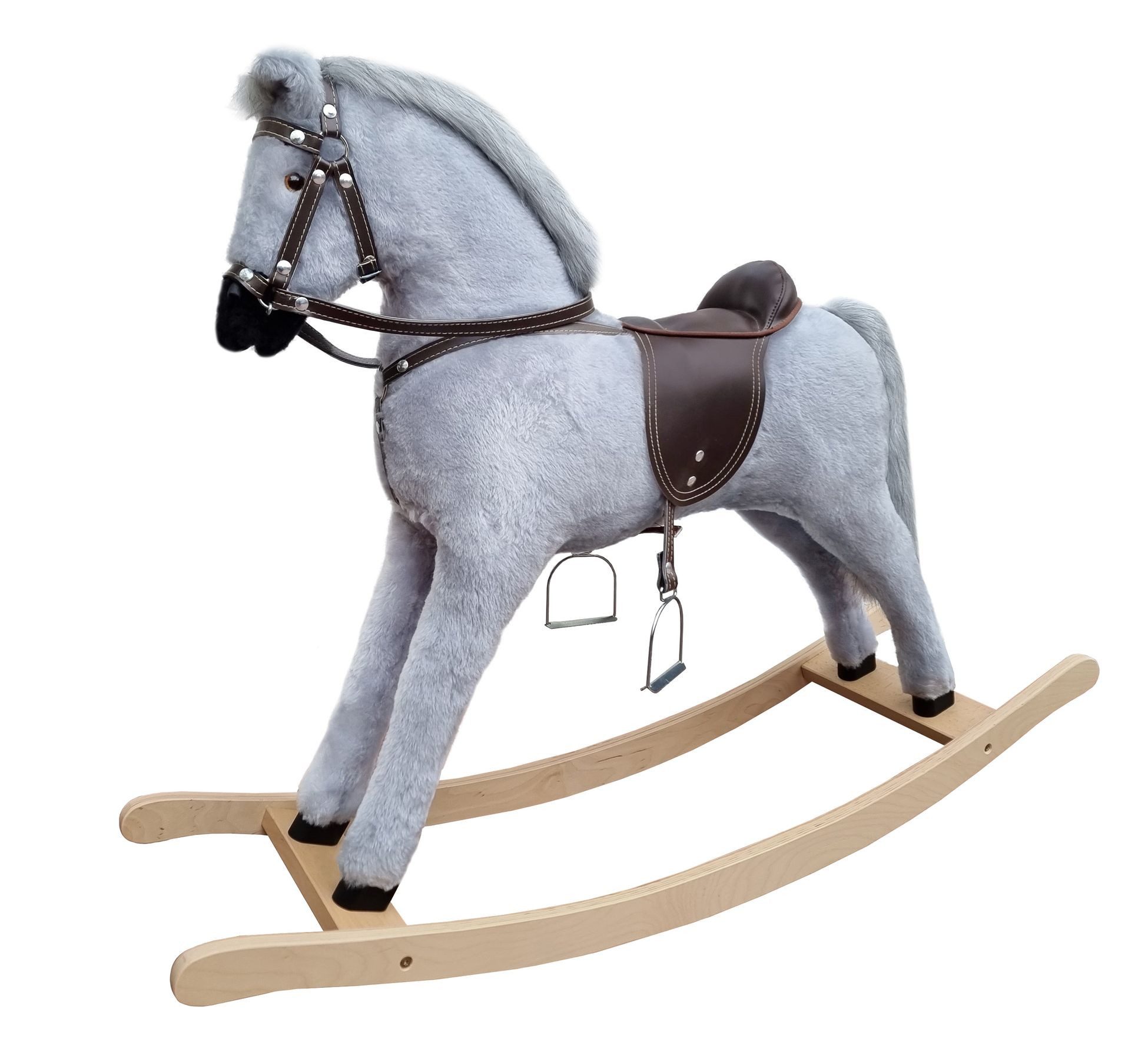 ERST-HOLZ Reitpferd Schaukelpferd Holzpferd Plüschpferd in Schimmel Grau, 96-114 - Schaukelpferd Schimmel - Zaumzeug - Sattel und Steigbügel. € 168,40