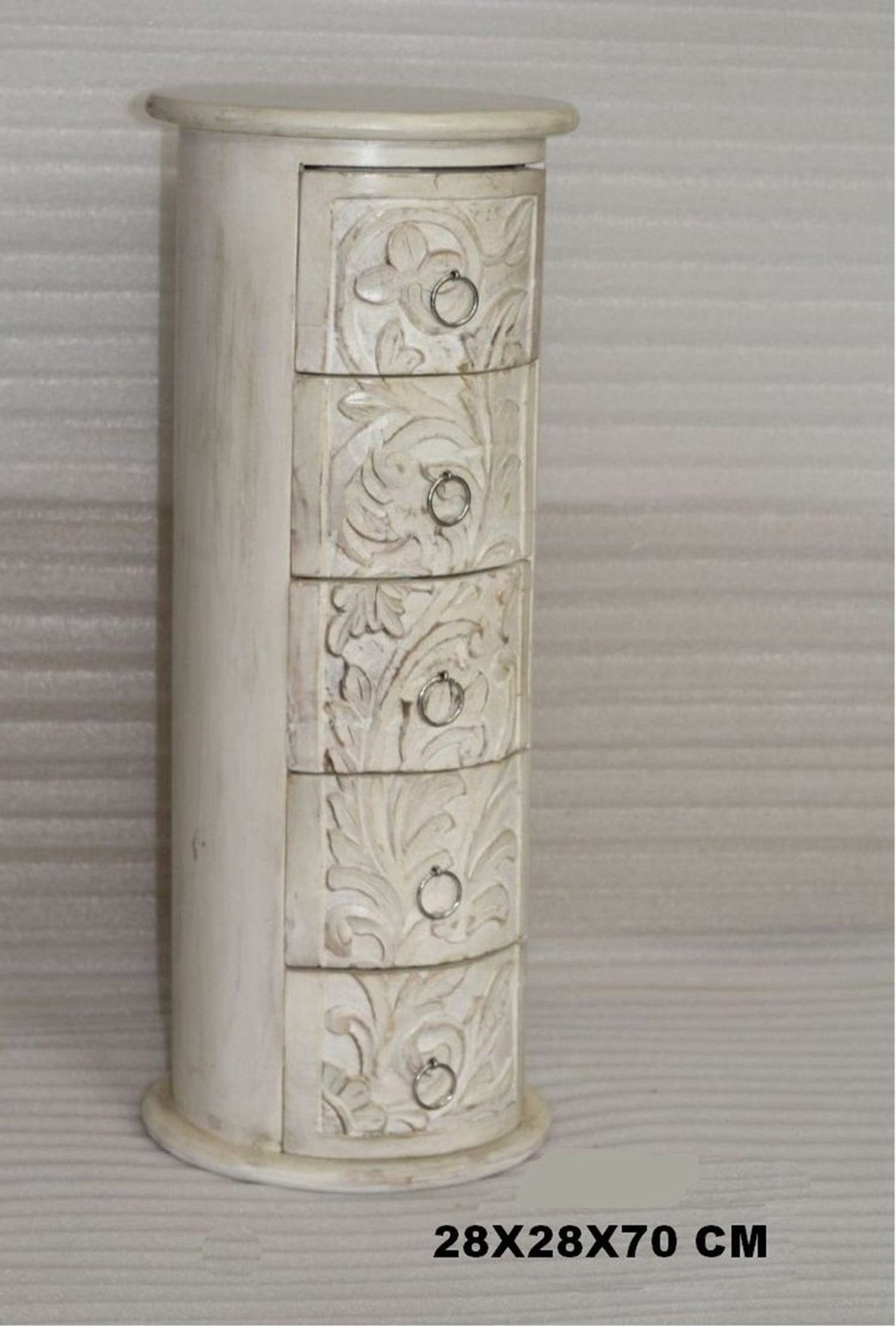 Wohnando Kommode Großer runder Aufbewahrungsschrank "Silas", 6 Schubladen, 28x28x70 cm, weiß, antik, handgeschnitzte Ornamente