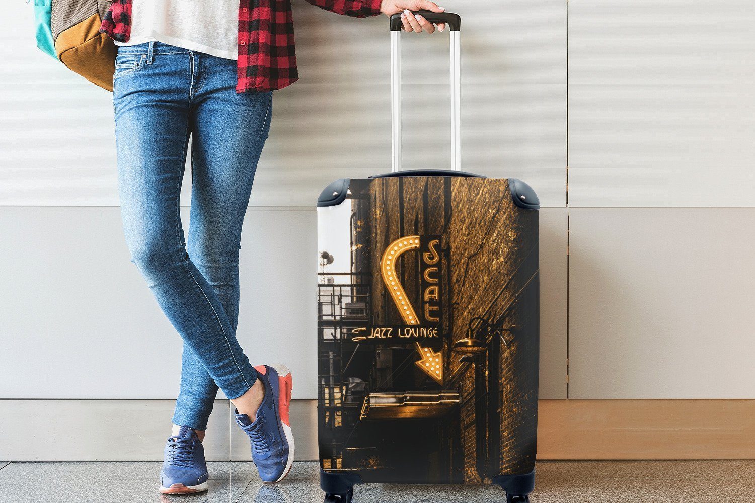 MuchoWow Handgepäckkoffer Goldener Reisekoffer Reisetasche - Rollen, Ferien, rollen, Teller Handgepäck Stadt, 4 mit - für Trolley