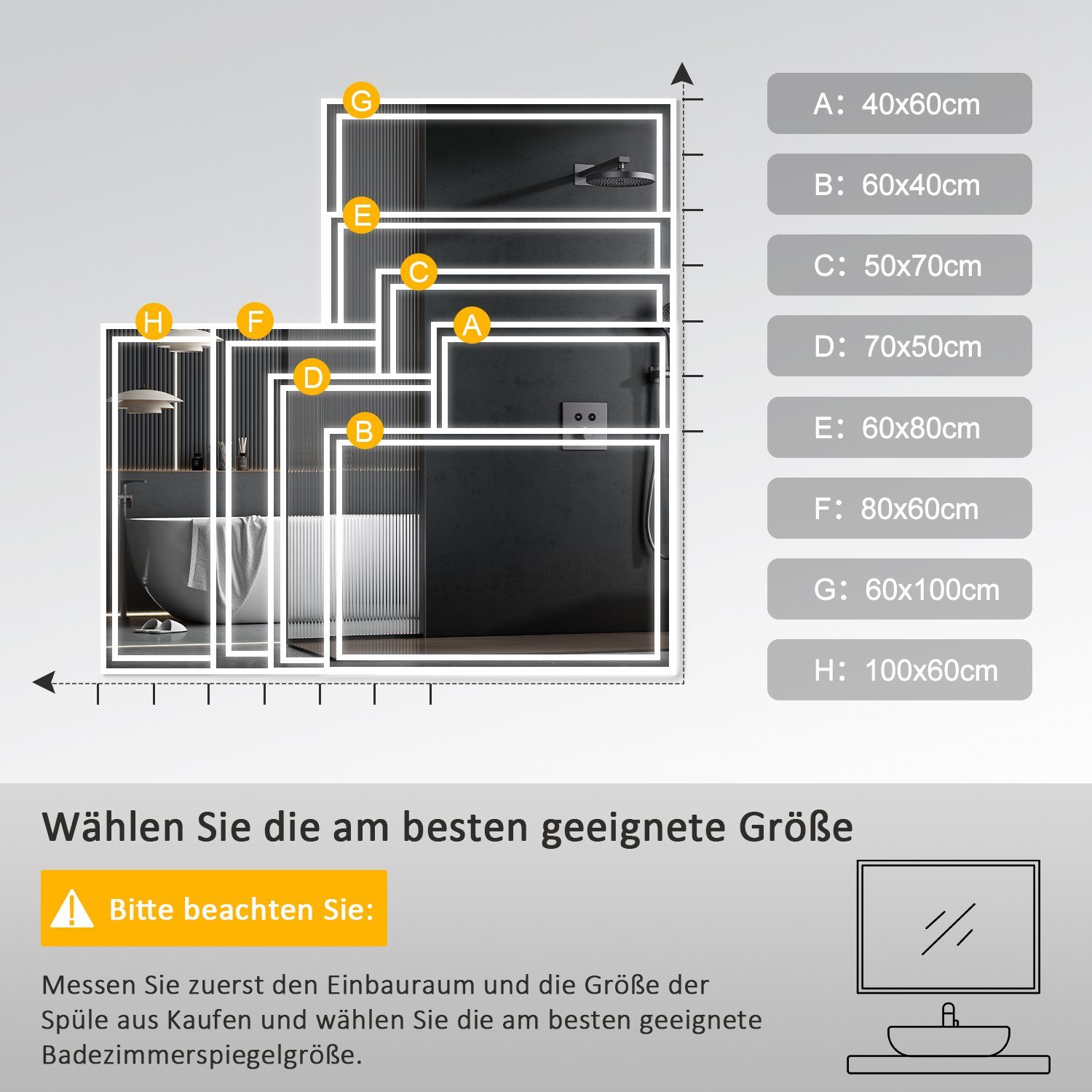 Bad, IP44 (Spiegel Badspiegel Wandspiegel 3000K/4000K/6500K, 3Lichtfarben, mit Touch Badezimmerspiegel WDWRITTI dimmbar, Wandschalter Beleuchtung Memory), Helligkeit Led