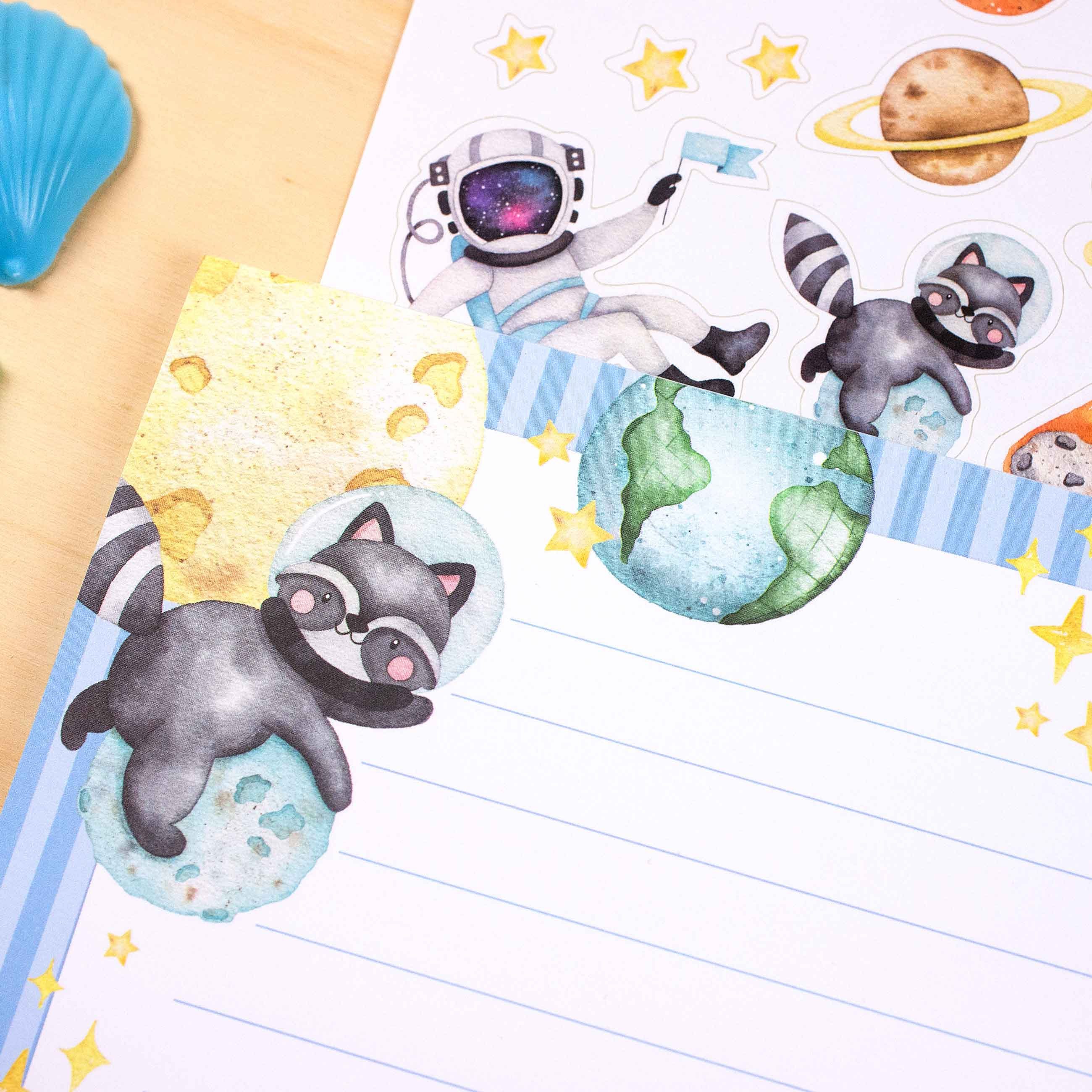 PAPIERDRACHEN Briefpapier Briefblock Set - 50 bunt bedruckte Briefbögen -Briefpapier, Briefpapier mit Stickerbogen - 20 bedruckte Umschläge