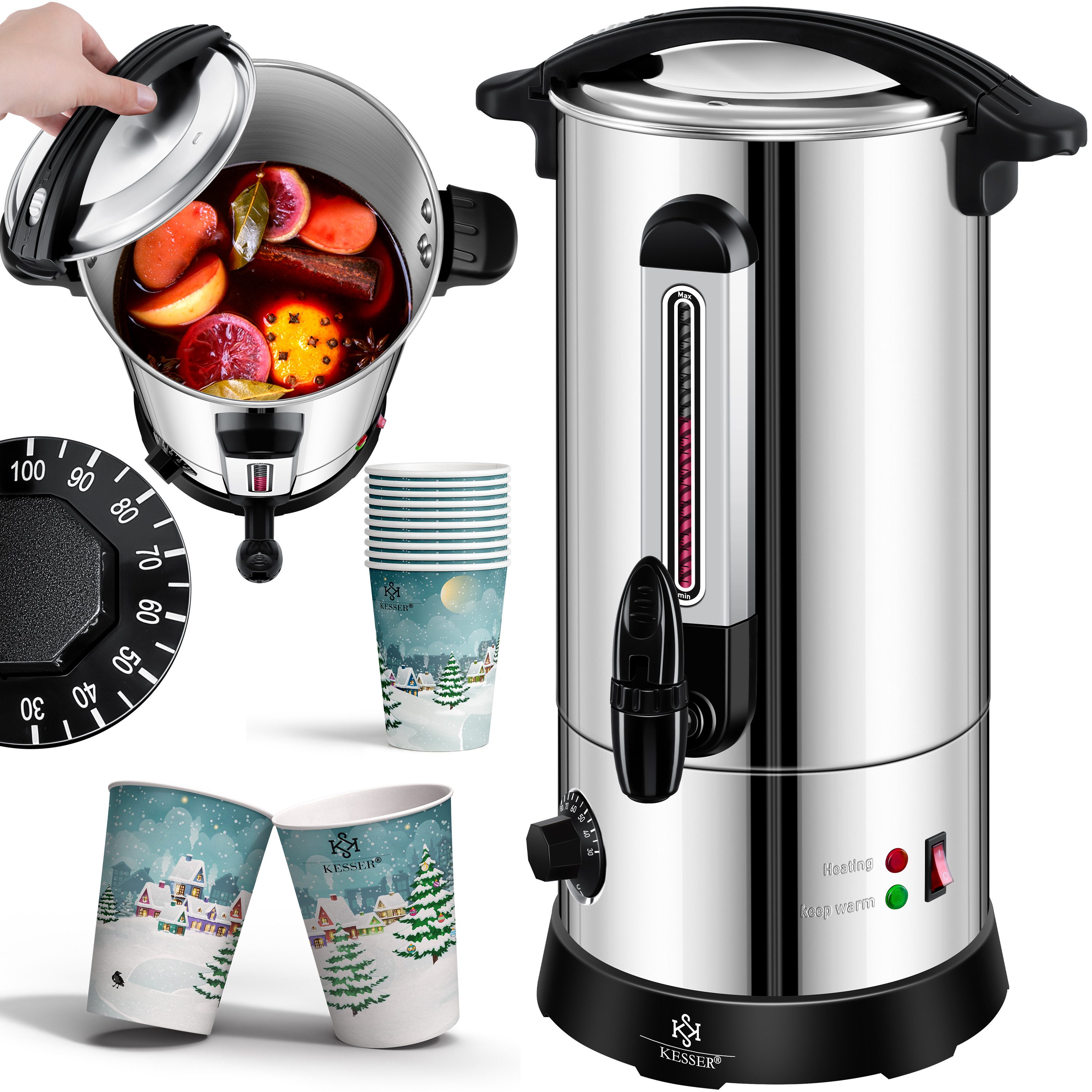 KESSER Heißgetränke- und Glühweinautomat Glühweinkocher 30L Einkochautomat aus Edelstahl Glühweinkessel, 1800 W, Heißwasserspender mit Thermostat 30-100°C, Auto-Erhitzen & Warmhalten