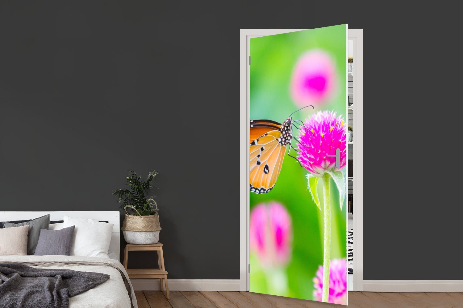 Tür, für Blume, - Türtapete Distel bedruckt, Türaufkleber, - Fototapete Matt, St), 75x205 MuchoWow Schmetterling - cm (1 Landleben