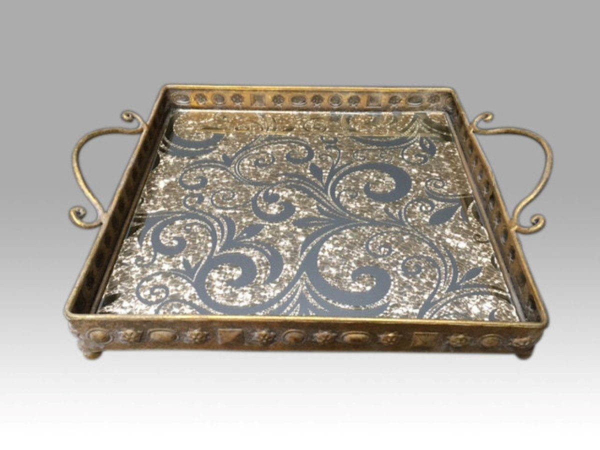 Dekotablett Deko Tablett Schale Antik Gold Orientalisch Metall Glas 50 cm