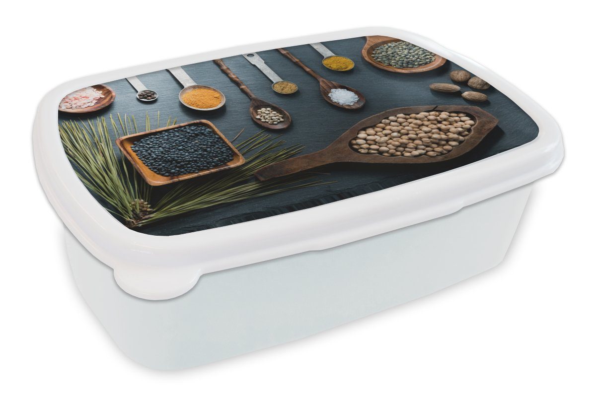 MuchoWow Lunchbox Kräuter - Löffel - Gewürze - Küche, Kunststoff, (2-tlg), Brotbox für Kinder und Erwachsene, Brotdose, für Jungs und Mädchen weiß