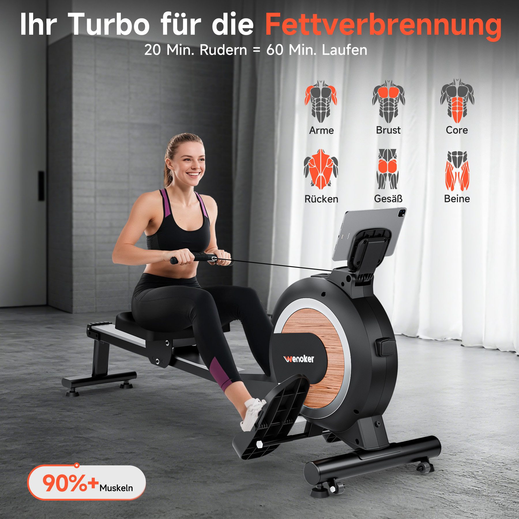 Wenoker Rudergerät Magnetisches Rudergerät mit APP & LED-Display, 32 Widerstandsstufen (1-tlg), Leises Heimrudergerät für Cardio-Training