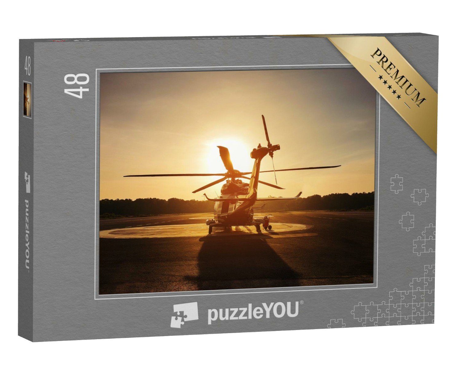 puzzleYOU Puzzle Hubschrauber auf dem Landeplatz im Sonnenuntergang, 48 Puzzleteile, puzzleYOU-Kollektionen Fahrzeuge