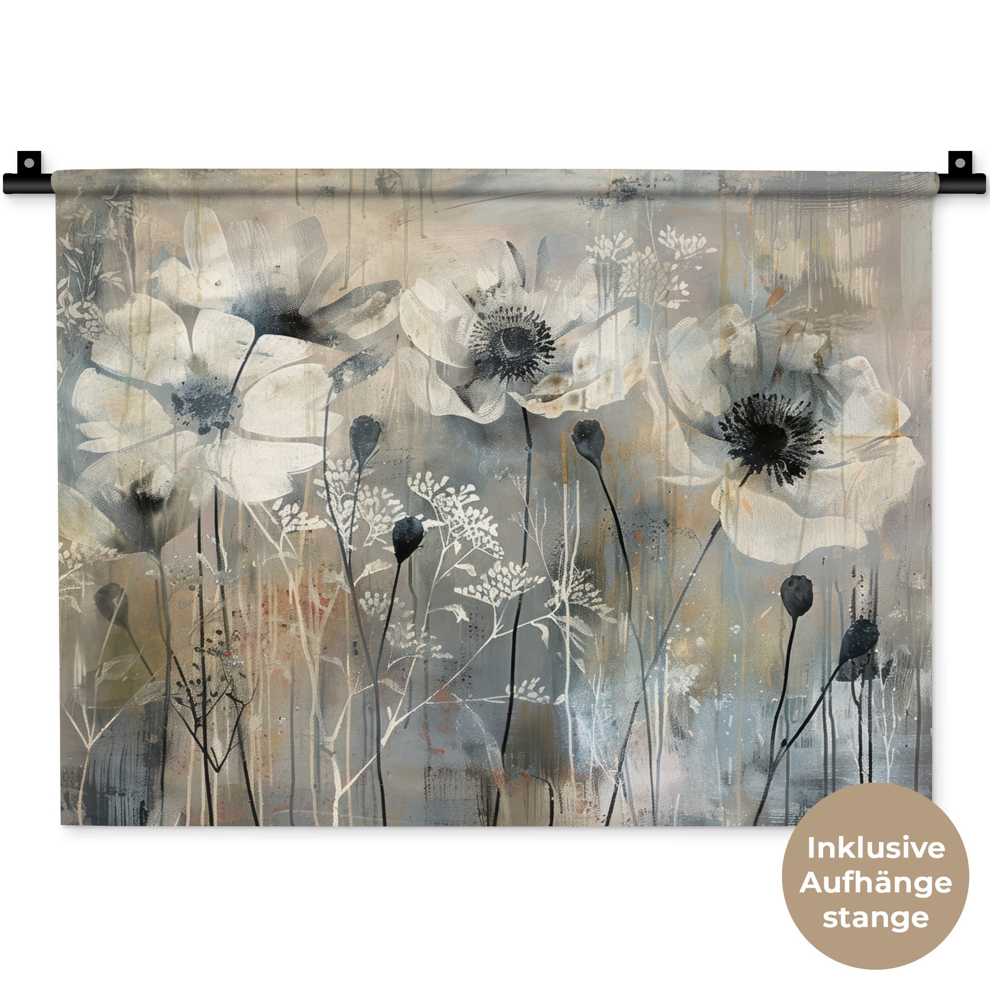 MuchoWow Wandteppich Blumen - Pflanzen - Grau - Abstrakt