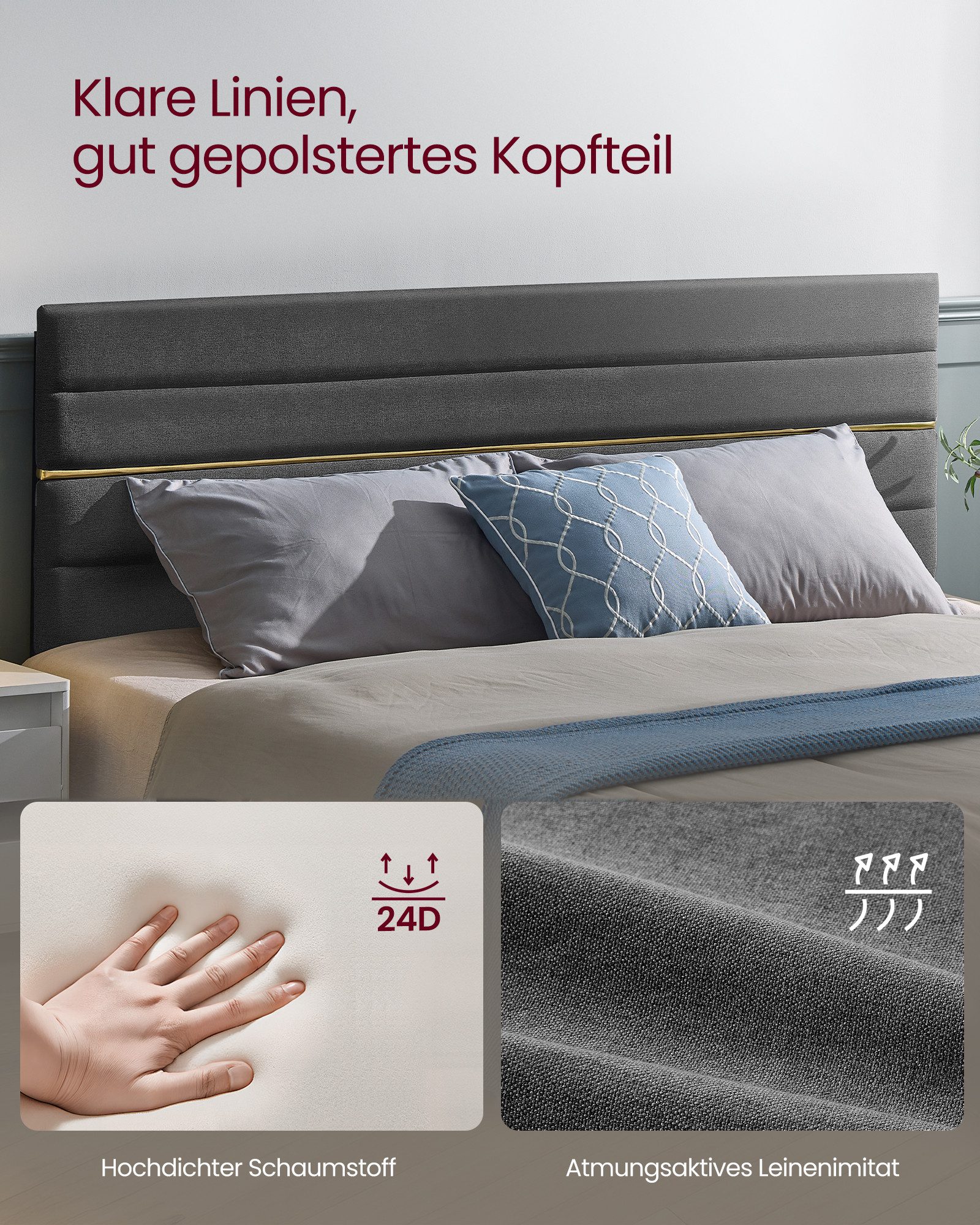 VASAGLE Polsterbett (180 x 200 cm, geräuscharm, mit Lattenrost und verstellbarem Kopfteil), Bettgestell, hochtragfähig, robust, in 3 Größen verfügbar