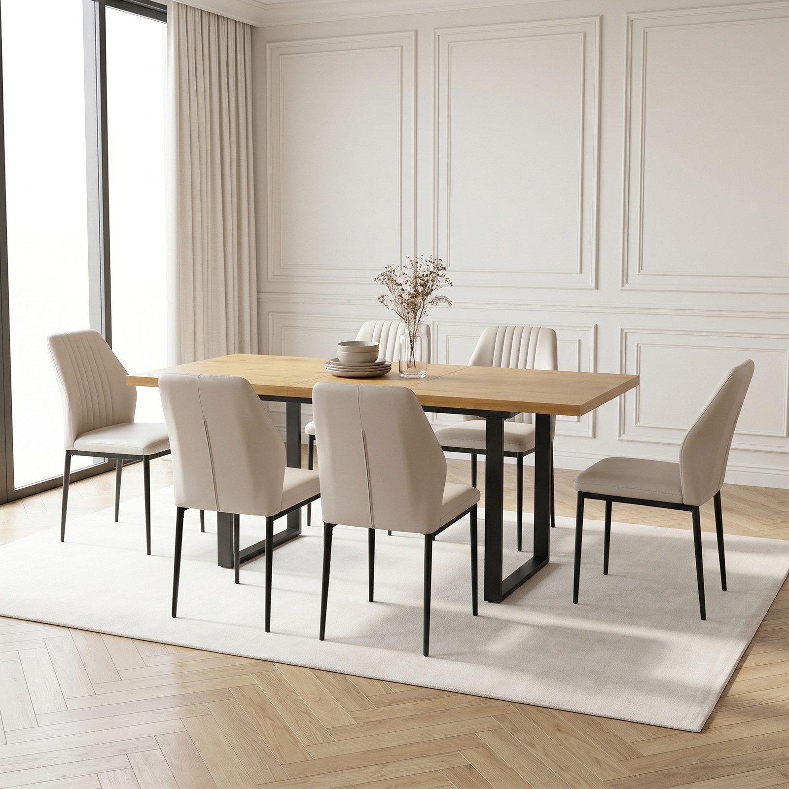Jiexi Essgruppe Tisch-und Stuhlset, Ausziehbarer Esstisch (130–170 cm) mit 4-6 Stühlen