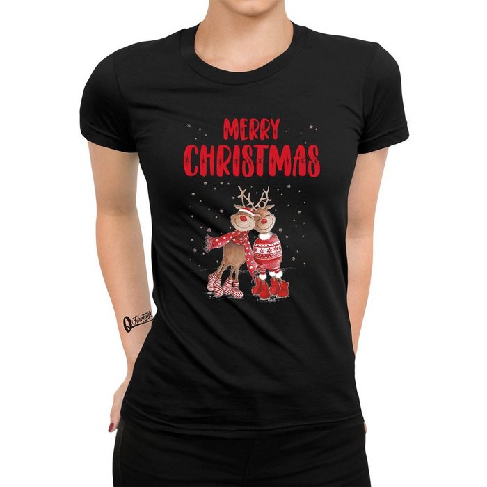 Quattro Formatee Kurzarmshirt Merry Christmas Rentiere Weihnachten Damen T-Shirt (1-tlg)