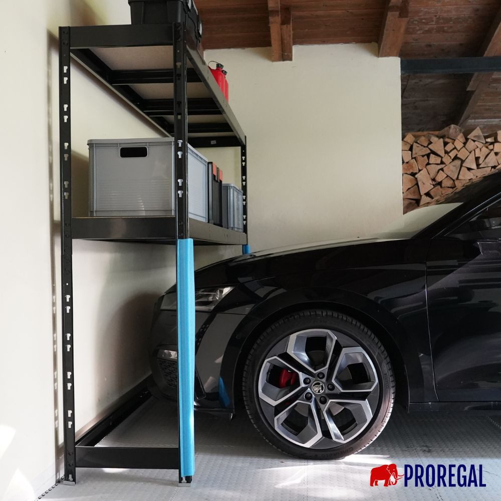 PROREGAL® Schwerlastregal Garagenregal HERCULES HxBxT 180x240x50cm Schwarz, Unterfahrbar 2 Lagerebenen mit je 300kg Fachlast