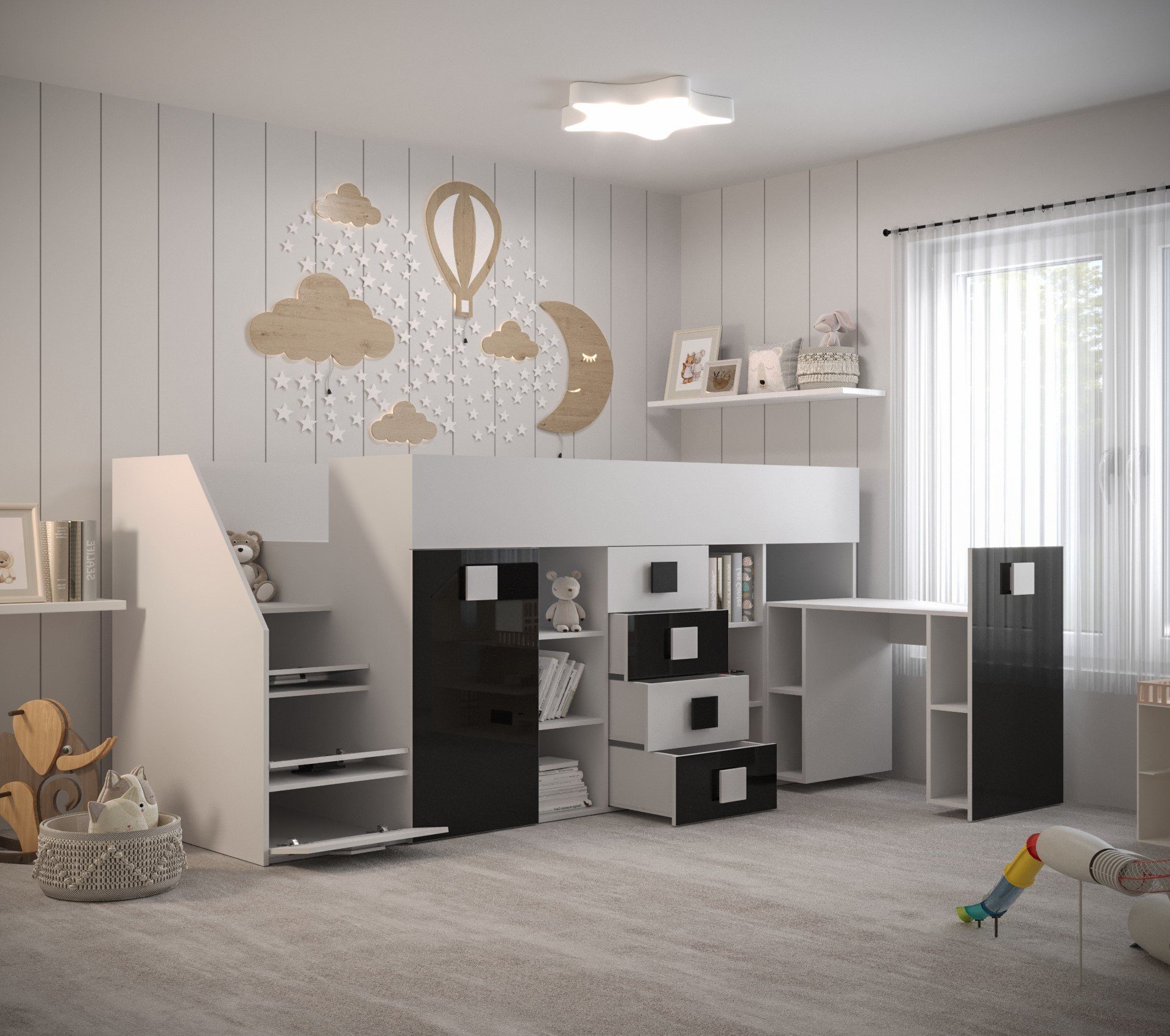Unique Home Hochbett Kinderbett 3L, Schubladen und Schreibtisch, mit Schrank Weiß/Grau TOL