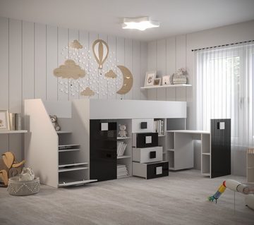 Unique Home Hochbett Kinderbett TOL 3L, mit Schreibtisch, Schrank und Schubladen