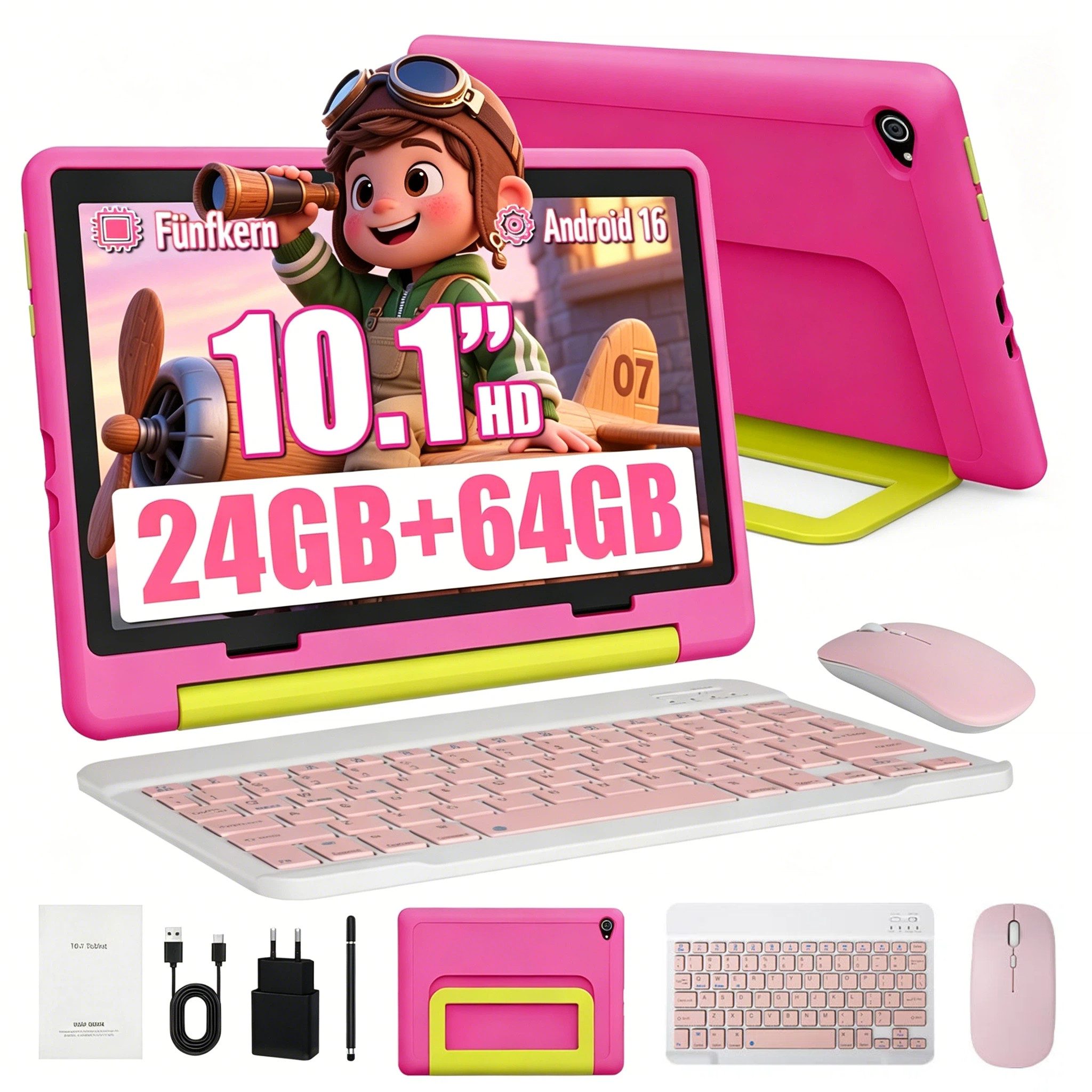 BUFO Android 16 10-Zoll, 24(3+21) GB RAM + 64 GB ROM (TF Expand 1TB) Kinder Tablet (10", 64 GB, Android 16, WiFi 6, Android 16 HD 1280x800 Lernen durch Spielen mit Tastatur/Stift/Maus)