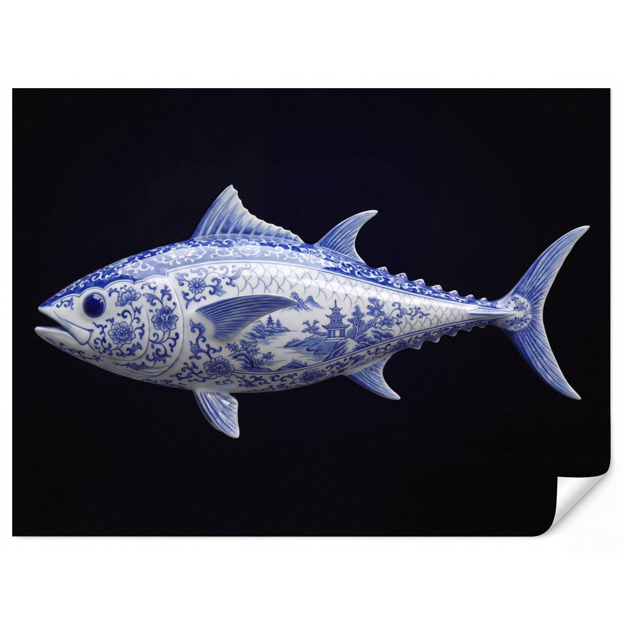OnlyWow Fototapete Porzellan - Thunfisch - Delfter Keramik, Matt, bedruckt, Wandtapete, Schlafzimmer, Wanddekoration 300x220cm