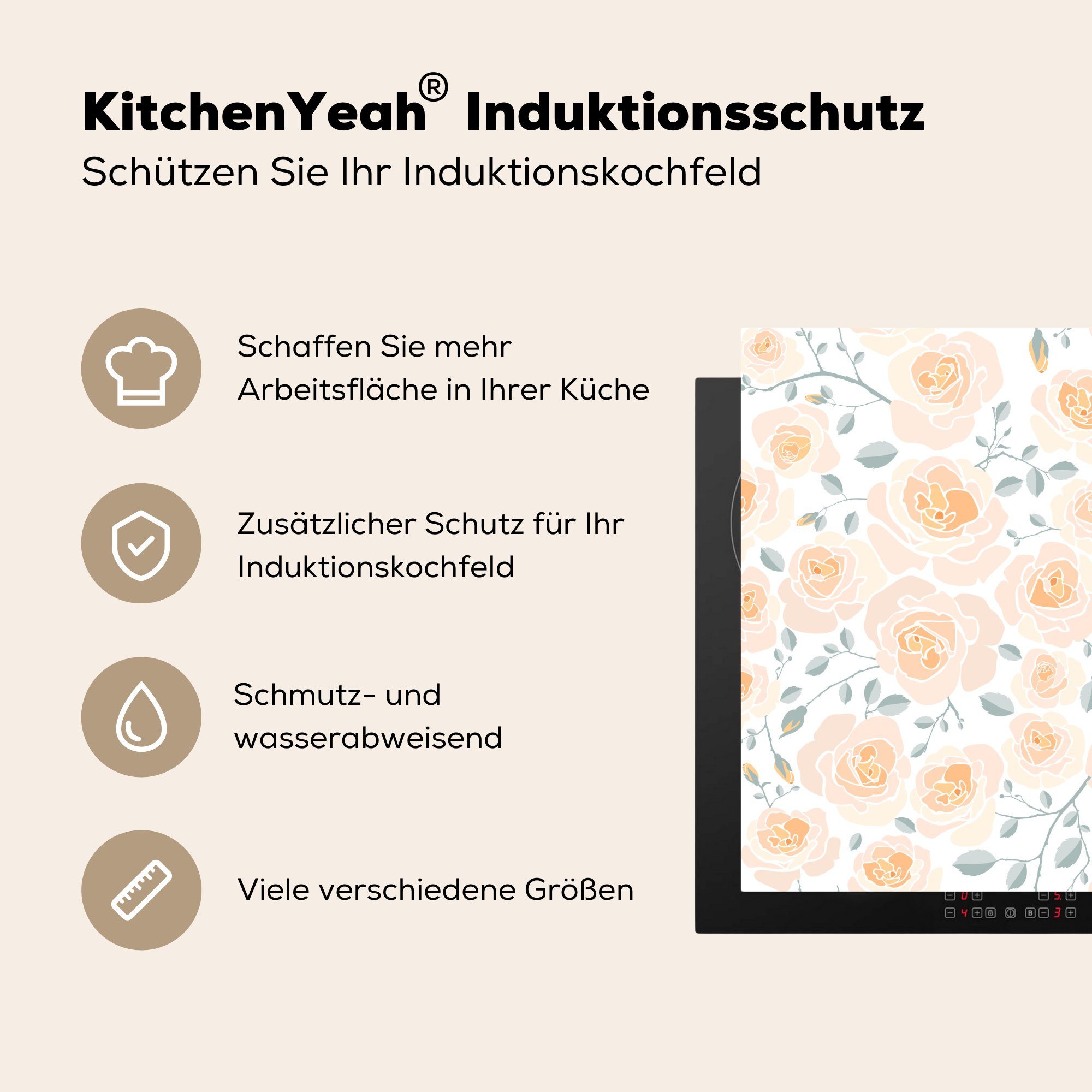 MuchoWow Herdblende-/Abdeckplatte Rosen - Orange Vinyl, cm, für Arbeitsplatte - tlg), Ceranfeldabdeckung, küche Muster, 78x78 (1