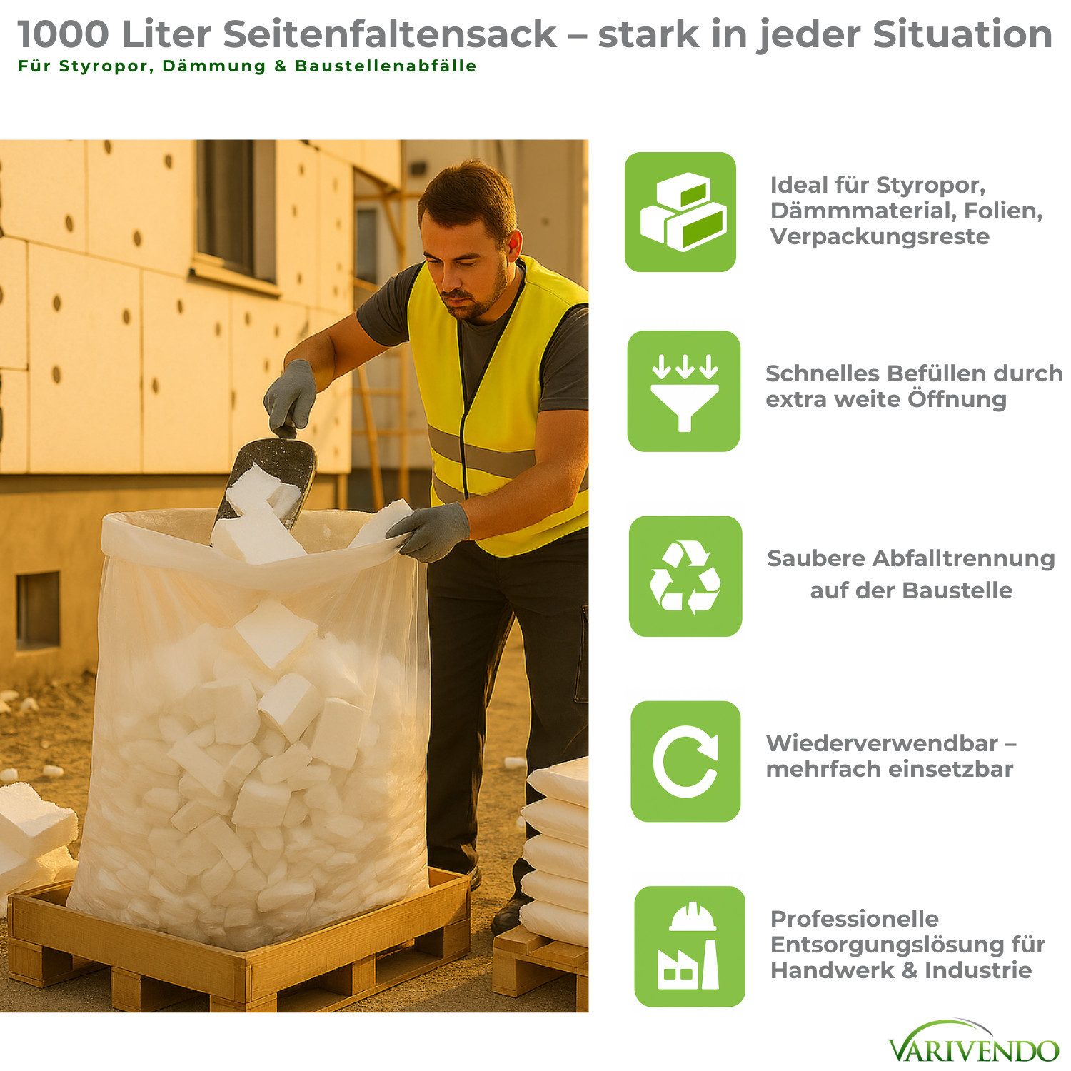 varivendo Müllsack Styropor Entsorgungssäcke 1000L Transparent 10 Stk, Styroporsack Entsorgungssack Müllsack Abfallsack Großraumsack Seitenfa
