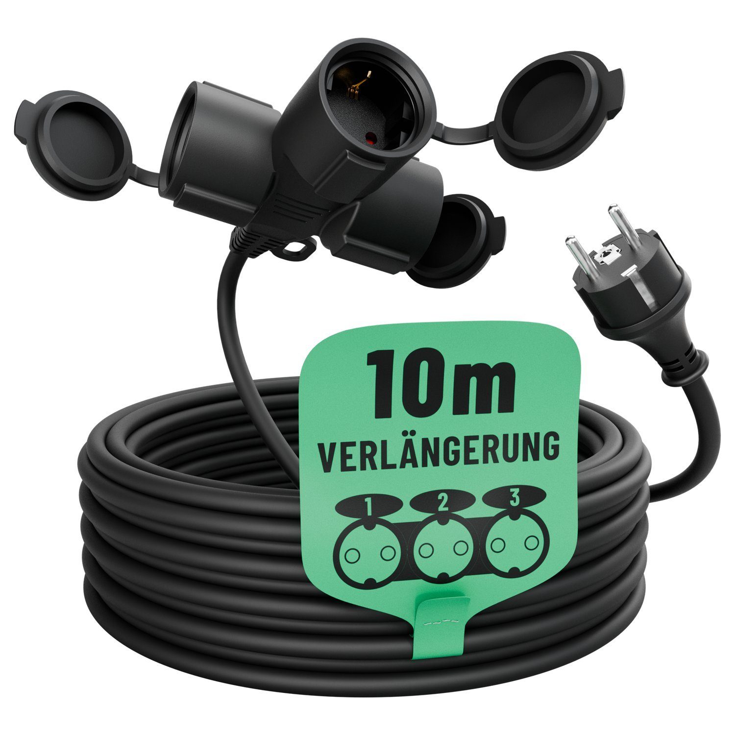 greate. 3fach Verlängerungskabel 10m - wasserdicht, Mehrfachsteckdose, 3500 W Verlängerungskabel, (1000 cm)
