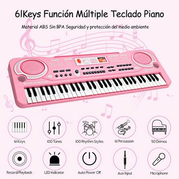 Avisto Digitalpiano Keyboard Digitalpiano Kinder-Keyboard mit 61 Tasten und Mikrofon (Mit Tastatur 61 Tasten+1 x Adapter (EU)+1 x USB-Kabel+1 x Mikrofon, mit 6 Demo-Liedern in Englisch), 16 Klangfarben, 10 Rhythmen, 8 Percussion-Instrumenten, 2 Lernfunktion