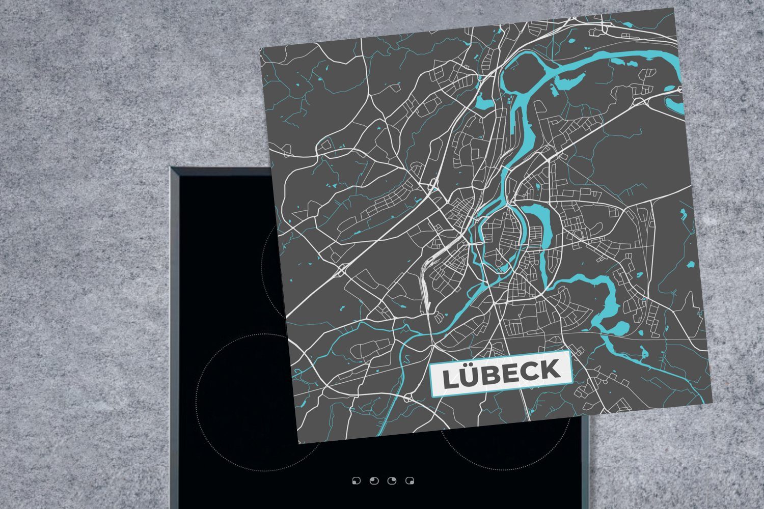 78x78 - Vinyl, Arbeitsplatte für - Ceranfeldabdeckung, Blau MuchoWow - Lübeck cm, (1 Stadtplan tlg), Herdblende-/Abdeckplatte küche - Deutschland, Karte