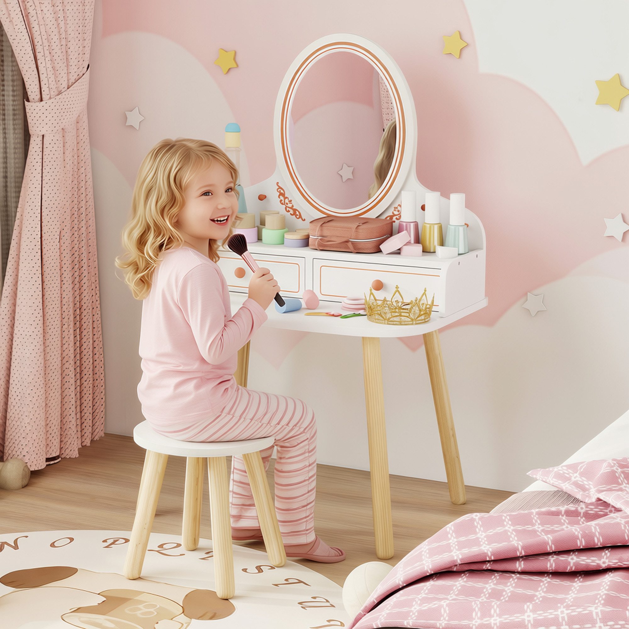 AIYAPLAY Schminktisch Kinderschminktisch mit Spiegel Schubladen Kleiderstangen (Frisiertisch mit Hocker, 2-St., Make-up Tisch), für Mädchen 3-8 Jahre Weiß