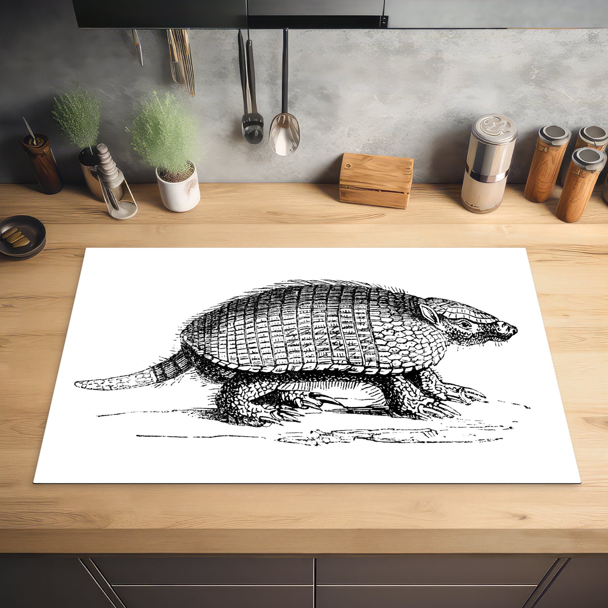 MuchoWow Herdblende-/Abdeckplatte Illustration eines Gürteltiers 83x51 auf cm, für (1 Vinyl, weißem tlg), Ceranfeldabdeckung, küche Hintergrund, Arbeitsplatte