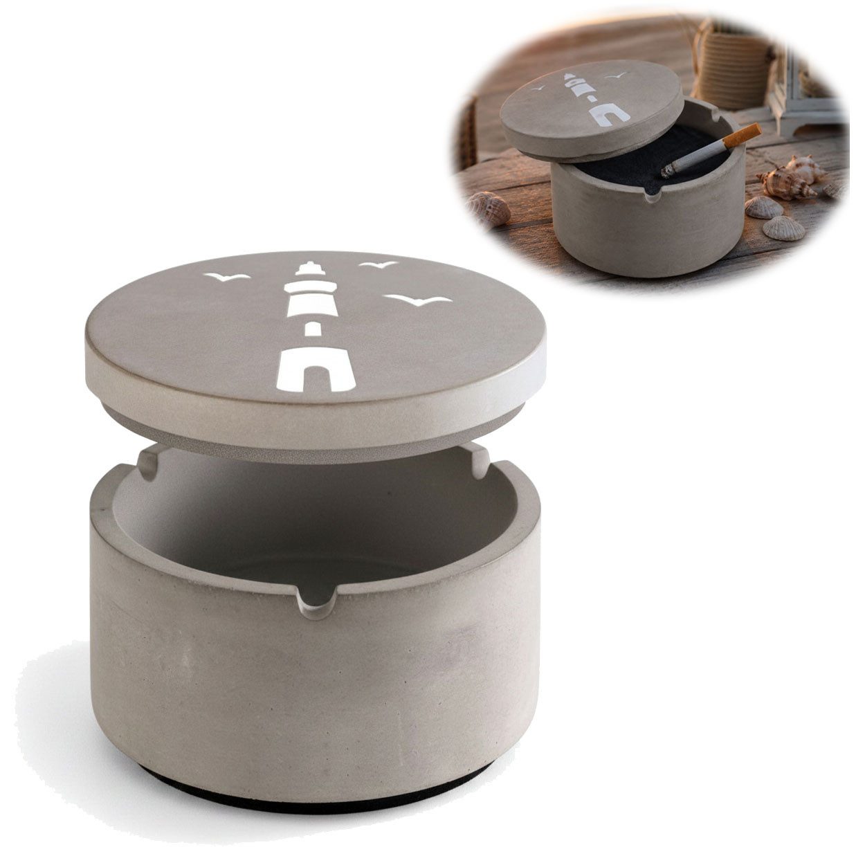 LS-LebenStil Aschenbecher Beton Sturmaschenbecher Motib Leuchtturm 9x7cm Maritim Grau mit Deckel, Windaschenbecher Ashtray Tischaschenbecher Garten Balkon Deko