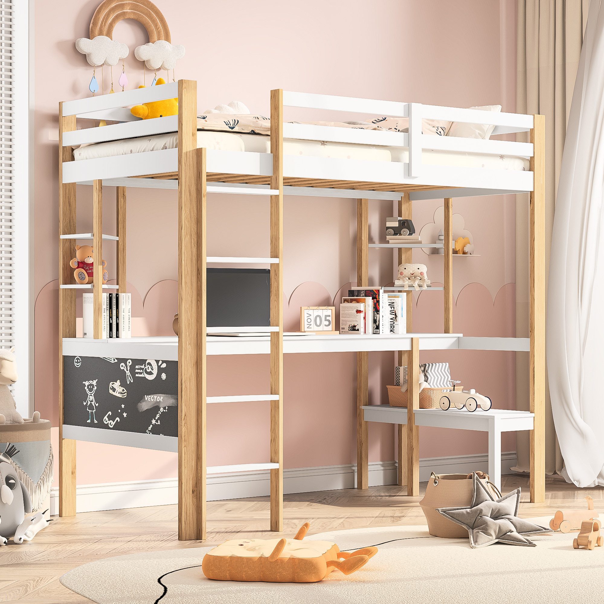 FUROKOY Hochbett Kinderbett 90x200cm mit Ablagefächern,Schreibtisch,Leiter günstig online kaufen