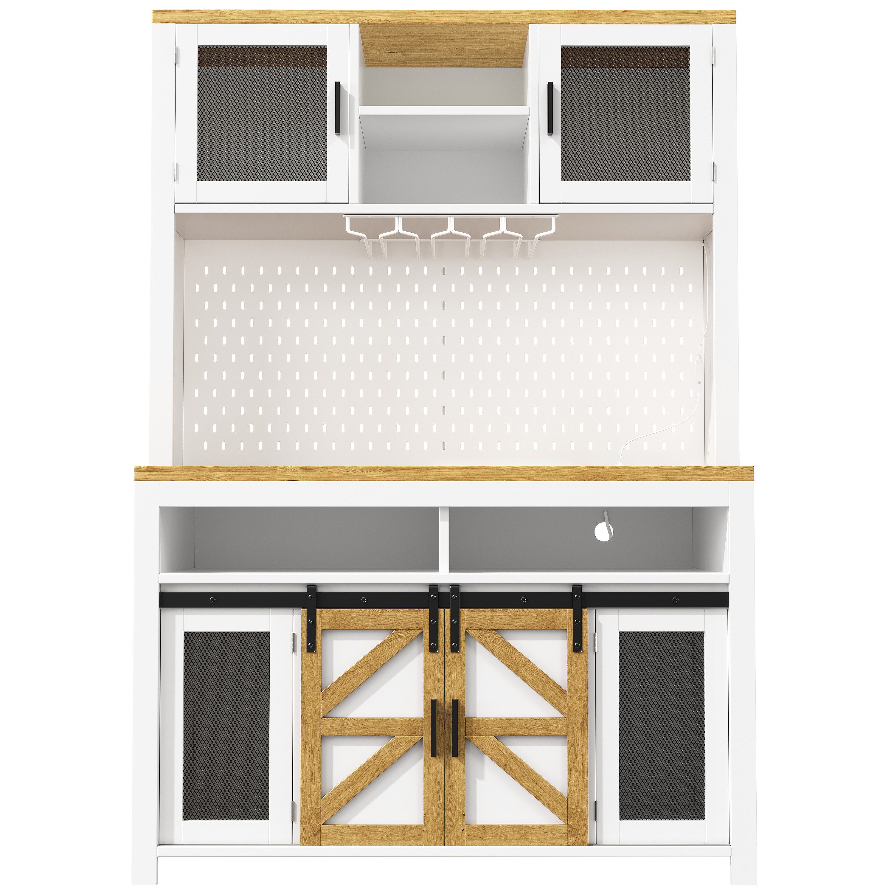 Flieks Küchenbuffet mit LED-Beleuchtung, Lochwand, USB-Anschluss und Schiebetüren (1-St., B120/T40/H174,5 cm) Küchenschrank Hochschrank mit Metallgittertüren und Steckdosen Weiß
