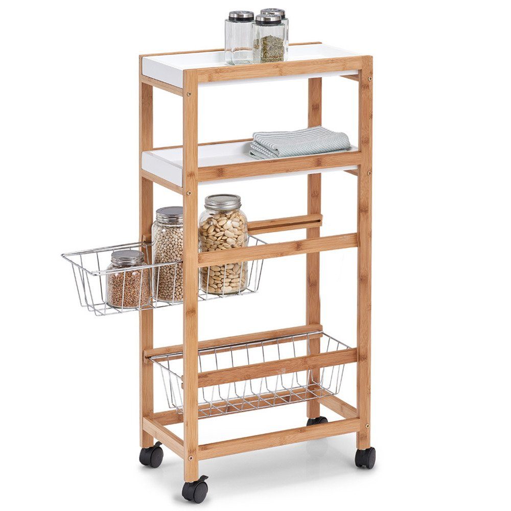Zeller Ablagemöglichkeiten, auf mit Küchenwagen Bamboo, mit Present und Rädern vier Küchenkörben Funktionsregal versenkbaren Regalen