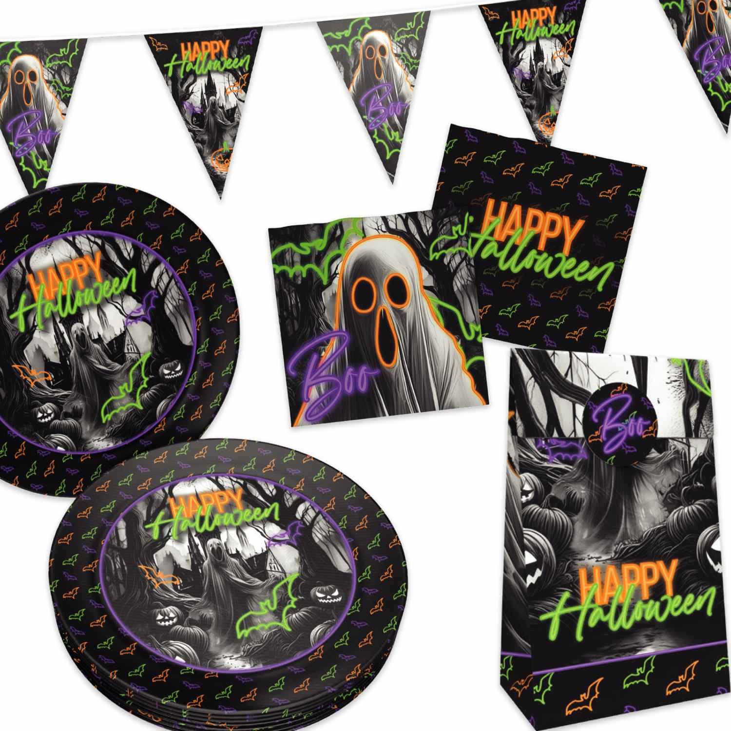 Party Factory Geschirr-Set Halloween Neon Party-Set 77-tlg. Geschirr Tüten Wimpelkette, 16 Personen, Papier, schaurig, spaßig und unkompliziert