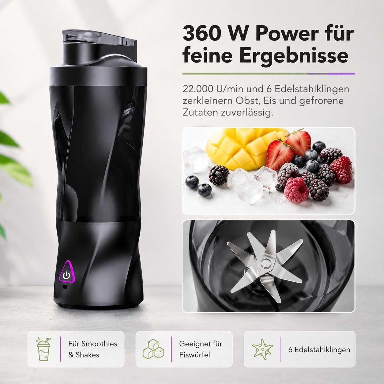 Tekoo Akku-Smoothie-Maker Standmixer To Go 700ml, 360W & 6000mAh Akku für Smoothies, 360 W, 360W Hochleistungsmotor, 6-fach Edelstahlklinge, Ice-Crush-Funktion
