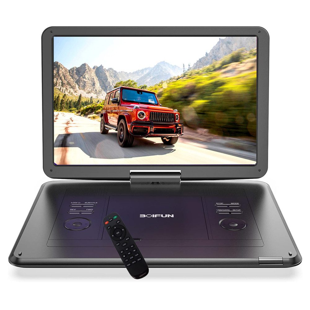 Boifun 17,5 Zoll tragbarer DVD-Player mit 15,6 Zoll HD-Drehbildschirm Portabler DVD-Player (6 Stunden Wiederaufladbare Batterie, Unterstützung für USB/TF-Karte/AV-Übertragung, Sync TV/Projektor Bildschirm, für USB/SD-Karte/AV-Übertragung, Sync TV/Projektor Bildschirm)