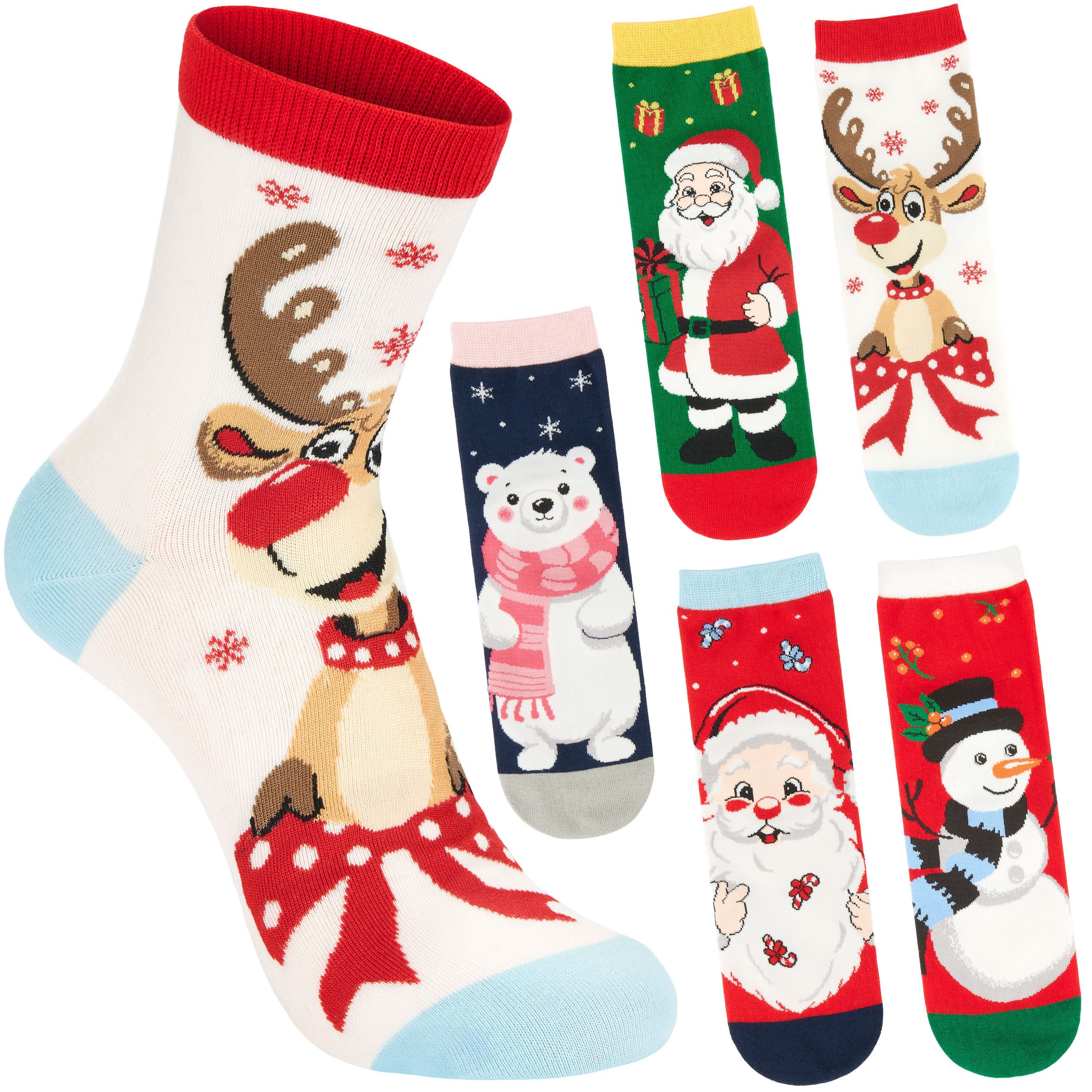 BRUBAKER Socken Damen Weihnachtssocken - Santa, Rentier und Eisbär (Bunte Baumwollsocken für Frauen - Geschenkset, 5-Paar, Kuschelsocken mit humorvollen Sockenmotiven) Lustige Damensocken für Weihnachten & Nikolaus