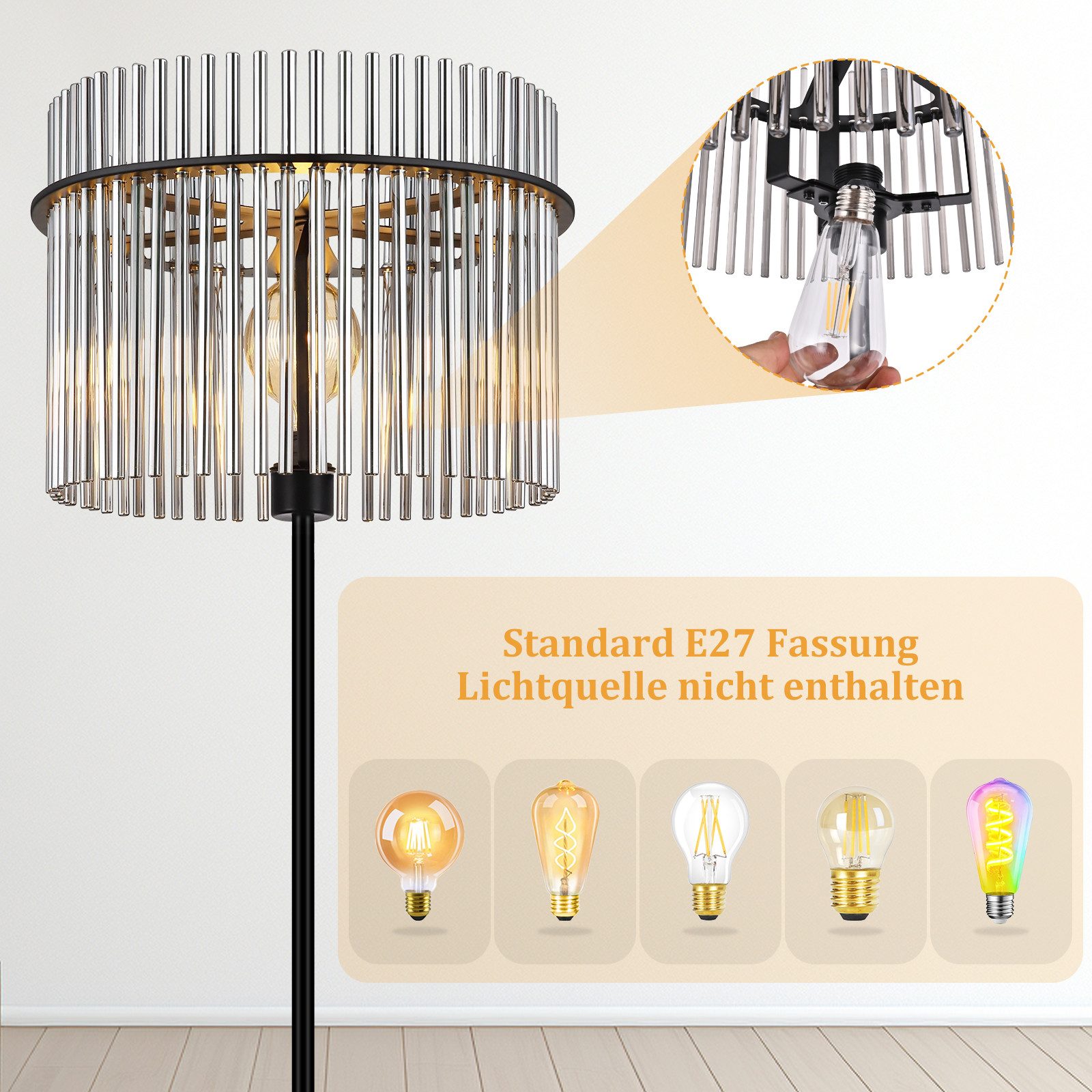 ZMH Stehlampe Schwarz Stehleuchte Glas - Standleuchte Wohnzimmer E27 – Bild 5 von 5