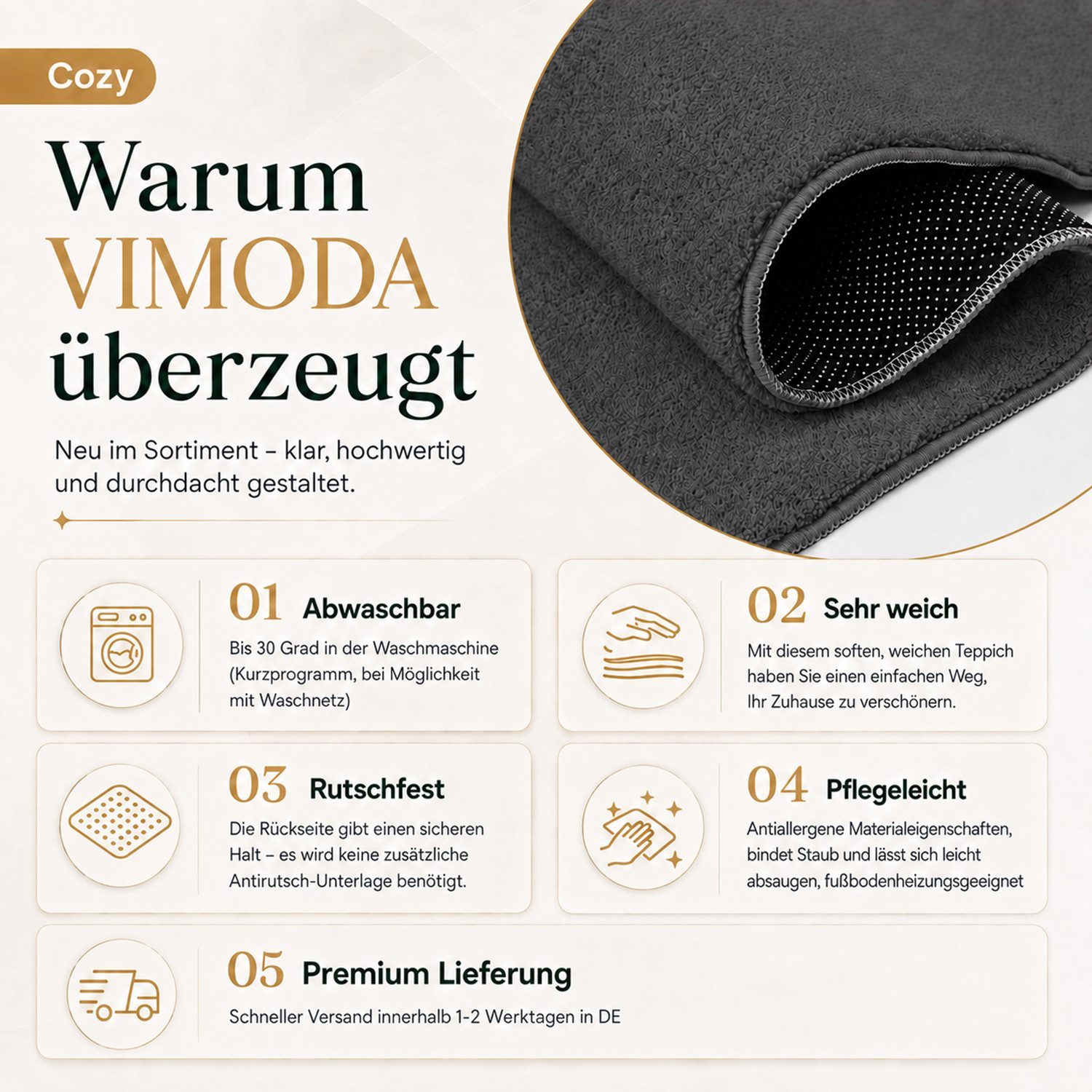 Vimoda Teppich Cozy Kurzflor Teppich – Angenehm warm & weich, waschbar & rutschfest, Rechteck, Höhe: 10 mm, Fellteppich Uni, Wohnzimmer, Schlafzimmer, kinderzim – Bild 5 von 5