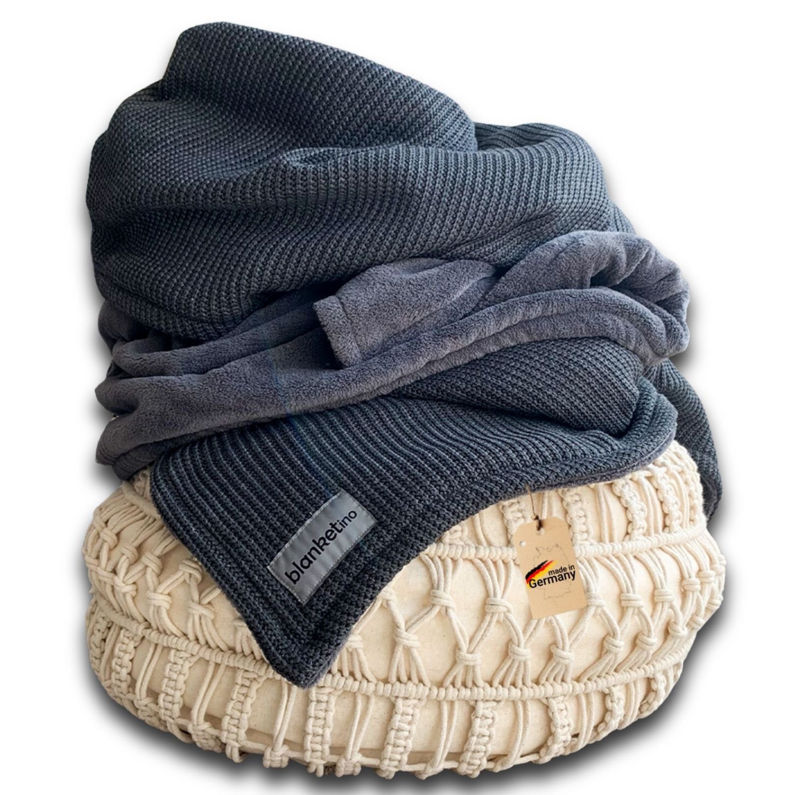 Wohndecke flauschige Kuscheldecke, wärmende Couchdecke im Strick Design, blanketino, Stilvolle Sofadecke, Überdecke in Dunkelgrau