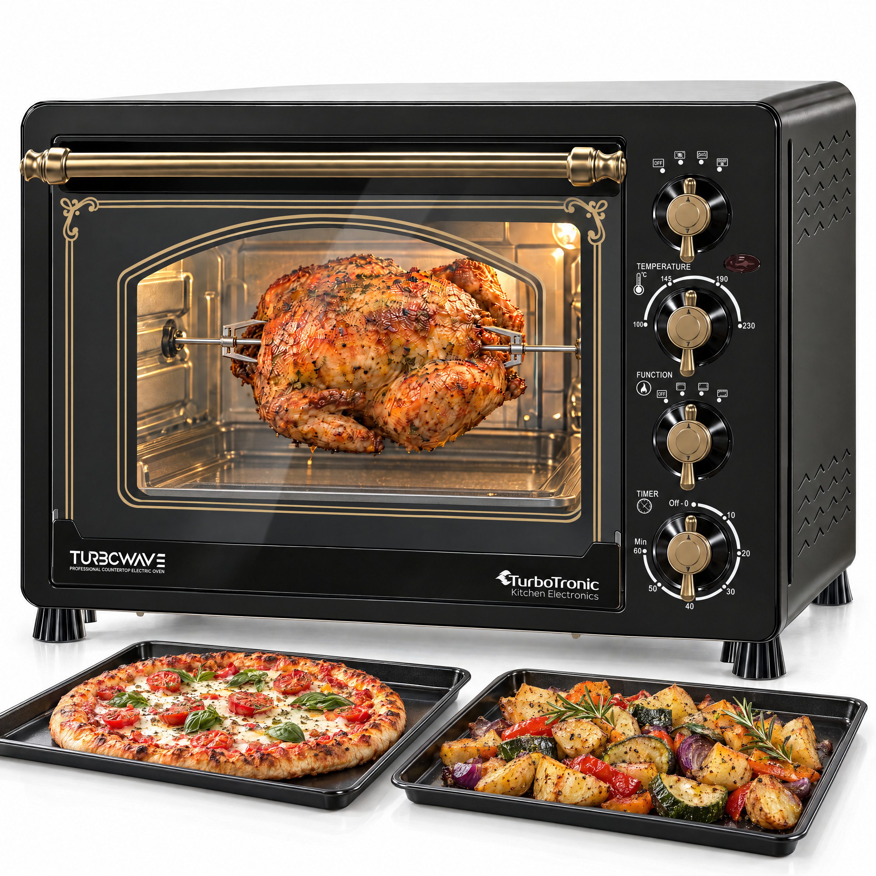 TurboTronic by Z-Line Minibackofen 2000 W 45 l Mini Backofen Retro mit Umluft Drehspieß Grill Pizzaofen, Vintage-Tischbackofen: Küche & Camping, Timer, Innenlicht, Doppelglas
