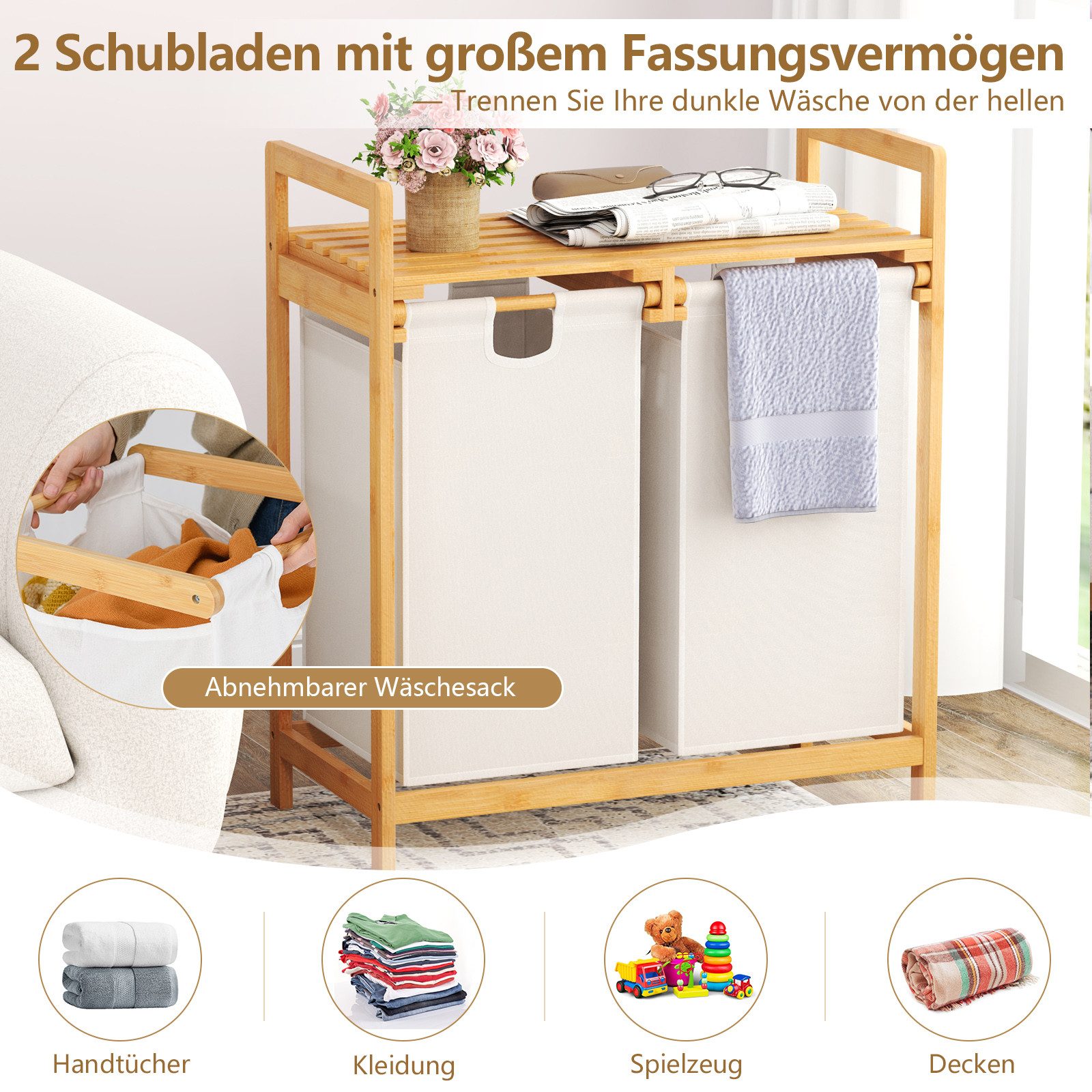 COSTWAY Wäschekorb, 2 Fächer Bambus, mit Ablage, ausziehbare Wäschesäcke günstig online kaufen