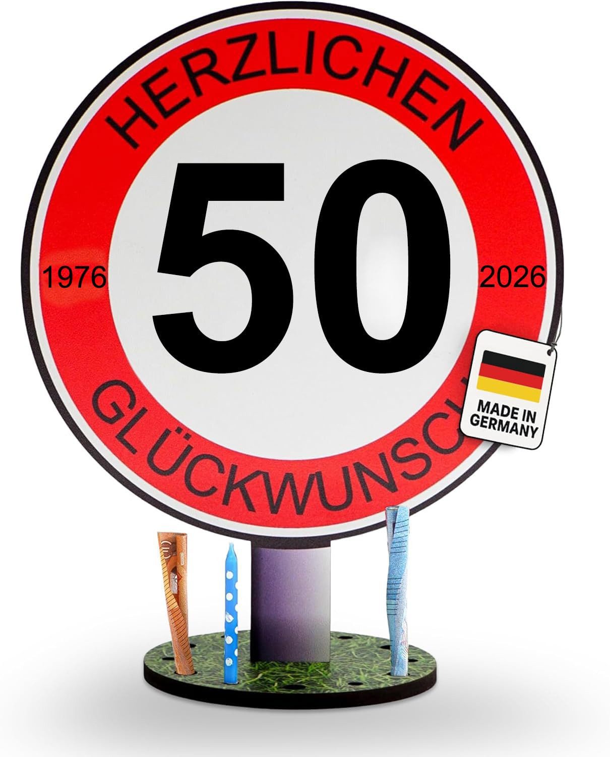 DARO Design Dekoobjekt Geburtstagsschild Verkehrsschild Deko Geschenk mit Standfuß (Dekoration, 50. Geburtstag – 1976–2026), Ø 20 cm (Schildfläche), Holz