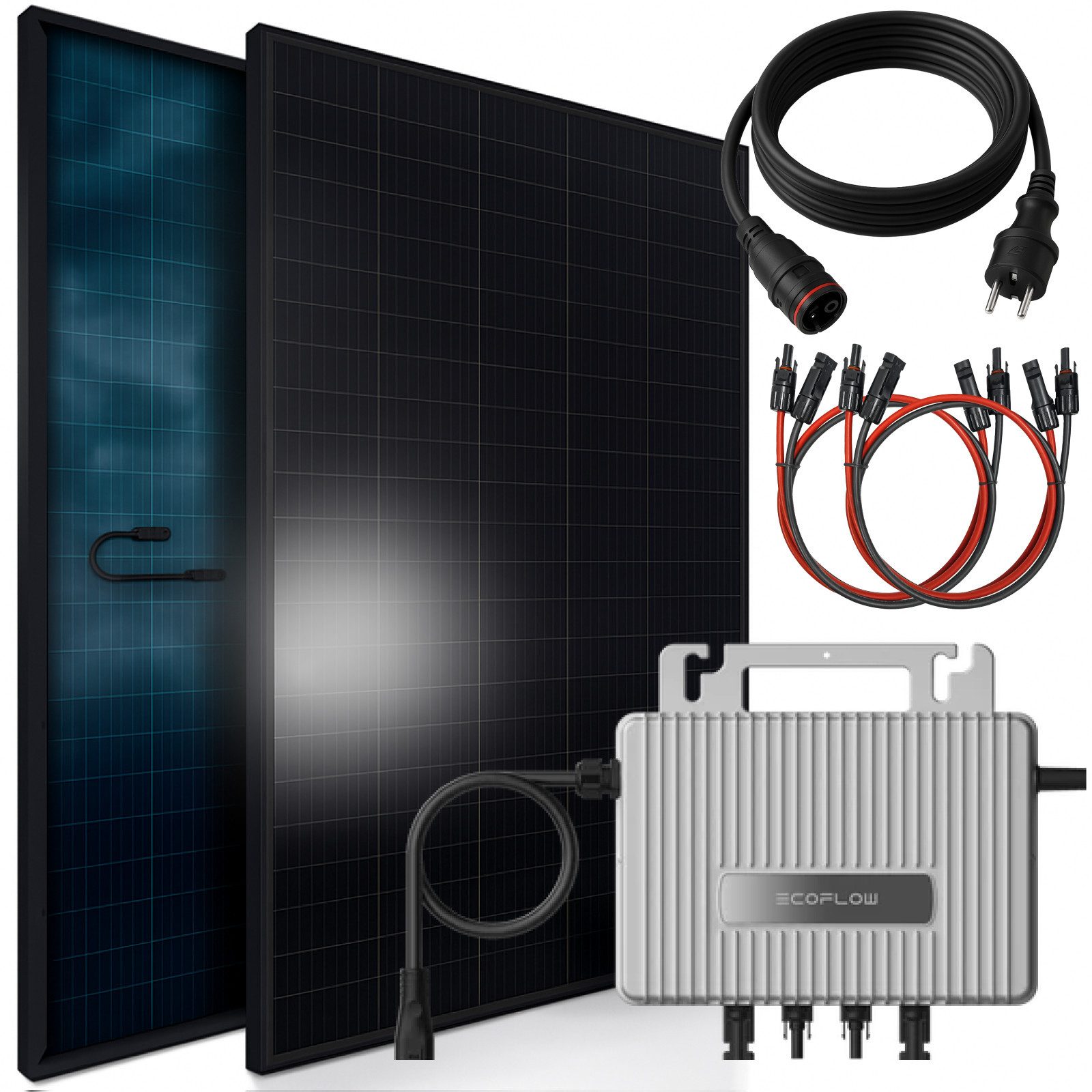 SUNNIVA Balkonkraftwerk 920W BIFAZIAL FULLBLACK komplett Steckdose, (Ecoflow 800W Wechselrichter, PV Solaranlage, 2x 460W Glas-Glas Солнечные панели, inkl. 5m Kabel, Bluetooth WIFI, Komplettset)