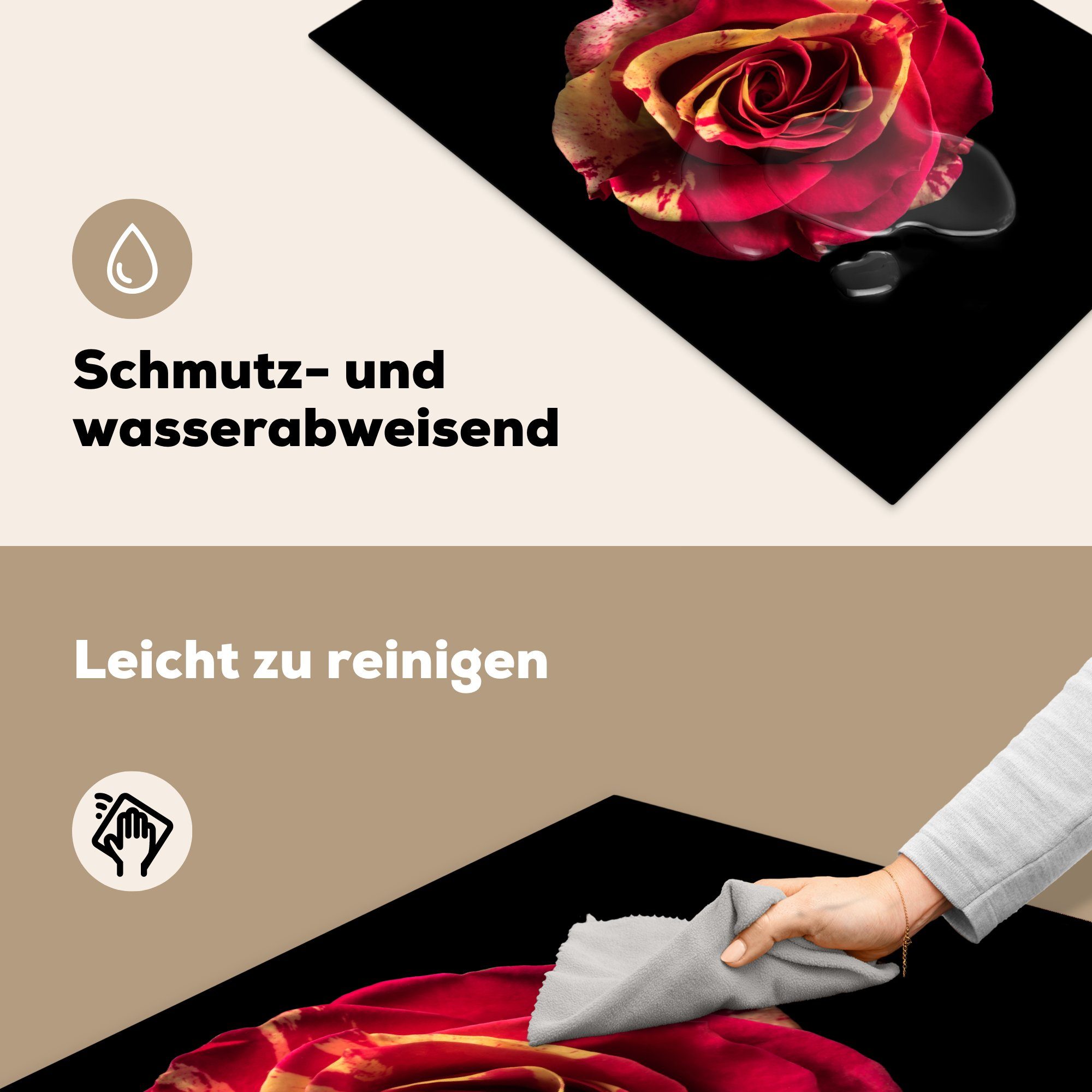 tlg), Rot Herdblende-/Abdeckplatte Schwarz, Ceranfeldabdeckung, - MuchoWow - cm, für küche Arbeitsplatte (1 Blume 81x52 - Vinyl, Rose